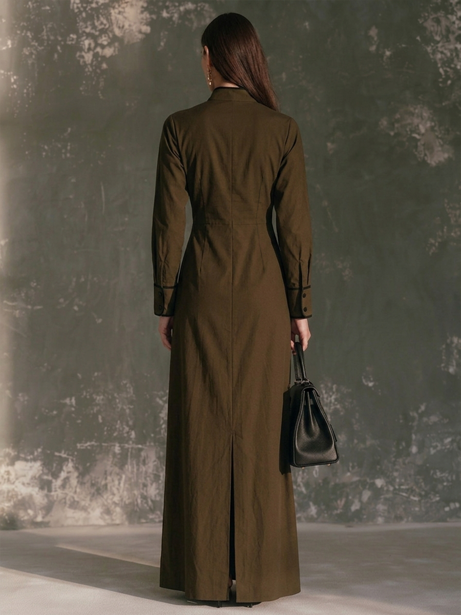 Women's Stand-Collar Wrap Maxi Dress With Contrast Piping MDZ0429H5ZRK