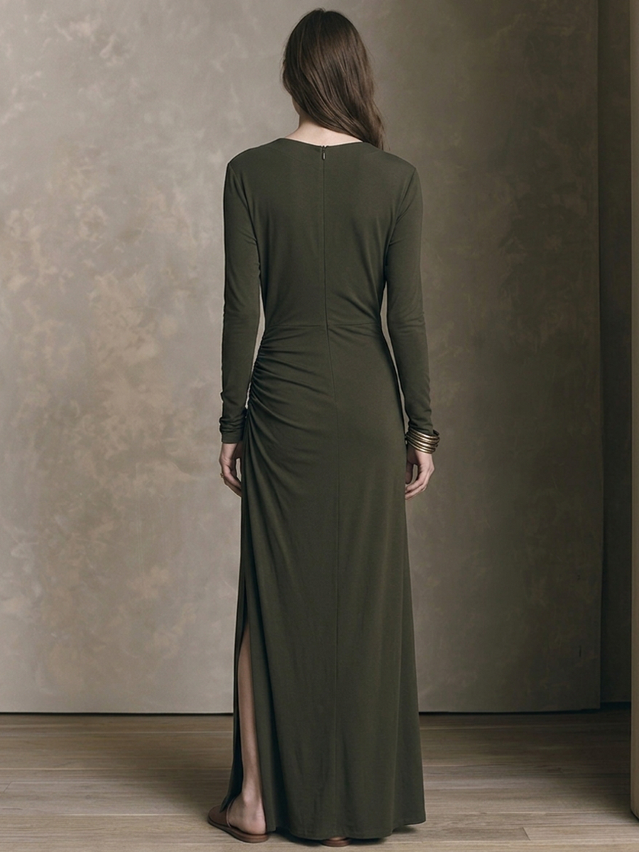 Women's Long-Sleeve V-Neck Knit Maxi Dress With Side-Ruched Slit MDZ0410H6ZRK
