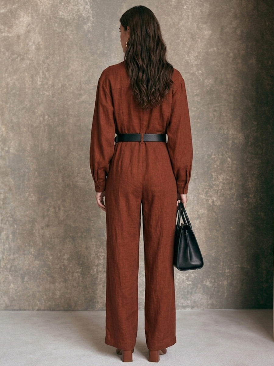 Women's V-Neck Long-Sleeve Wide-Leg Jumpsuit With Waist-Defining Fit MDZ0478H0ZRK