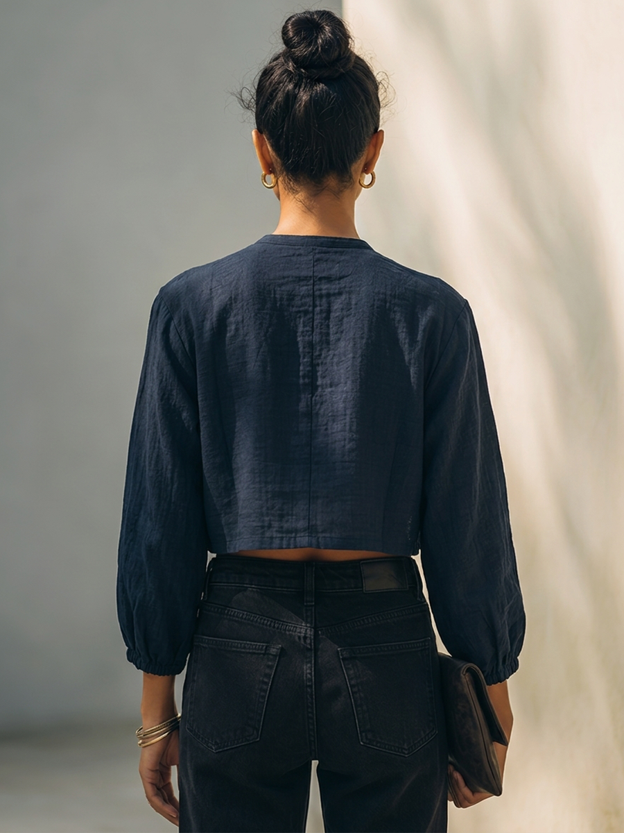 Women's Vintage-Style Embroidered Cropped Jacket With Lantern Sleeves MDZ0474H7ZRK