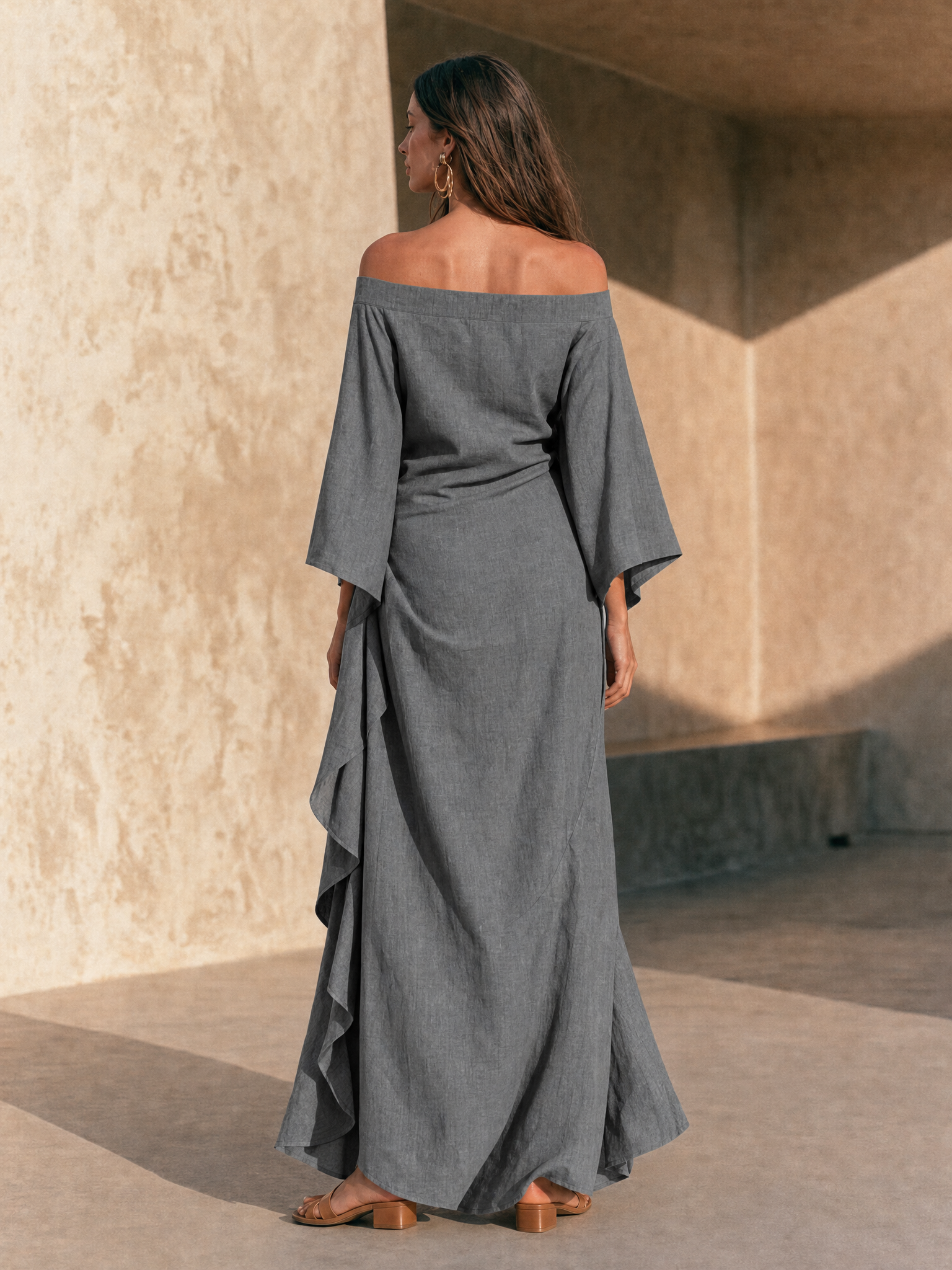 Women's Minimalist Off-Shoulder Maxi Dress With Ruffled Hem And Flared Sleeves MDZ0382H3WY