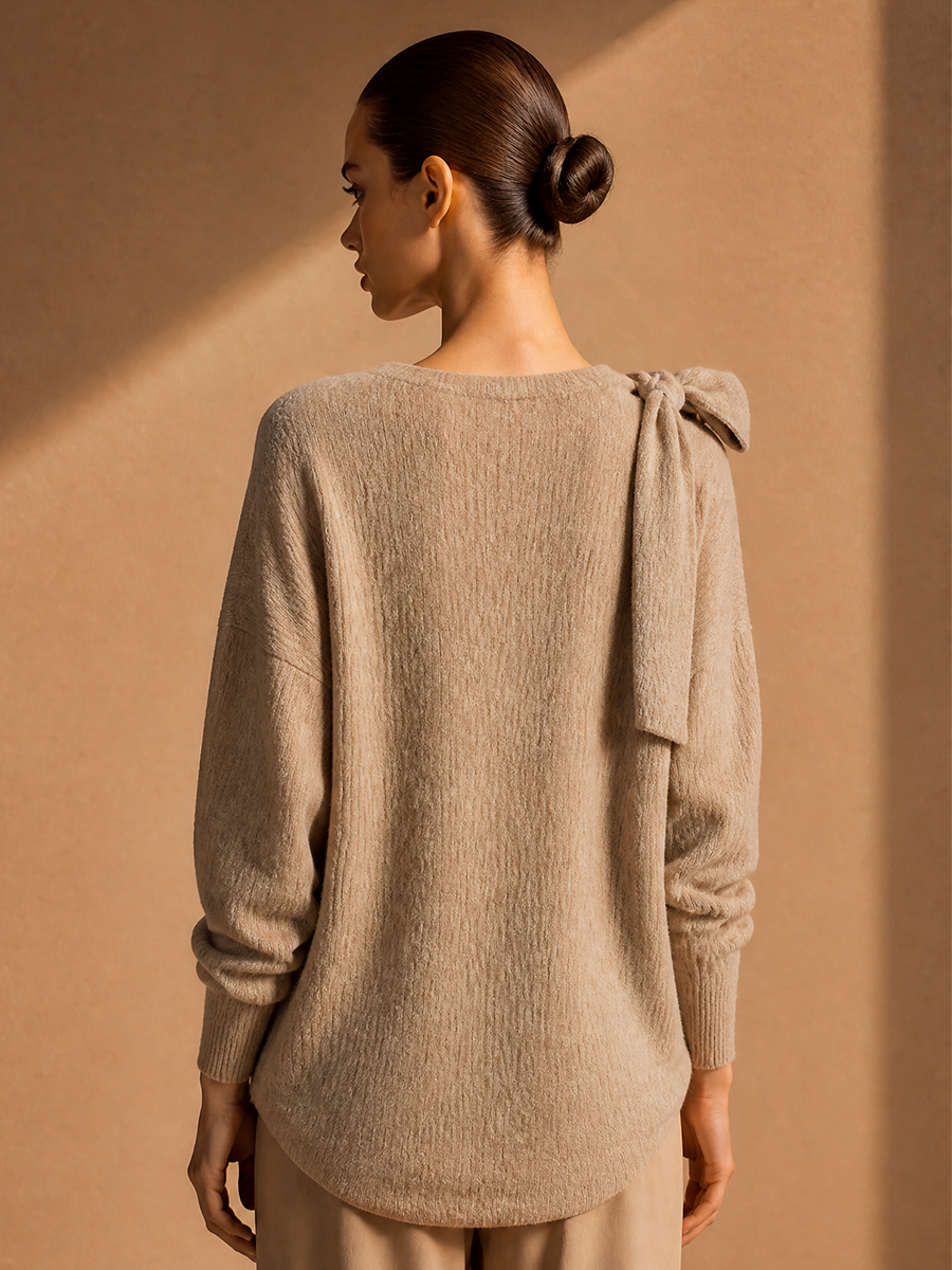 Women's Loose Chic Solid Off Shoulder Tie Detail Sweater Blouse MDZ0491H7LYL