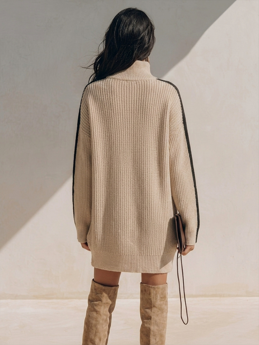 Women's Loose-Fit Mock-Neck Knit Mini Dress With Contrast Sleeve Stripes MDZ0432H7ZRK
