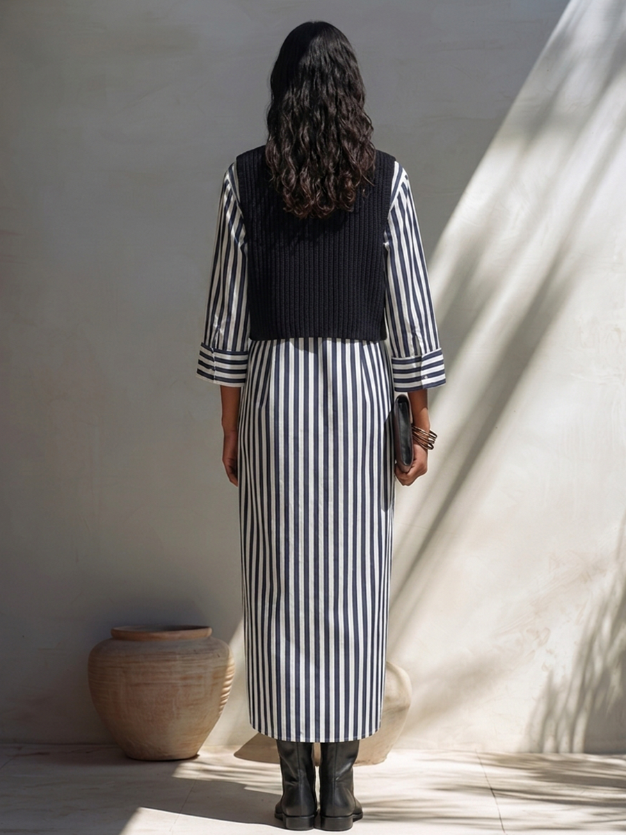 Women's Layered-Look V-Neck Knit Vest & Striped Dress Set MDZ0420H0ZRK