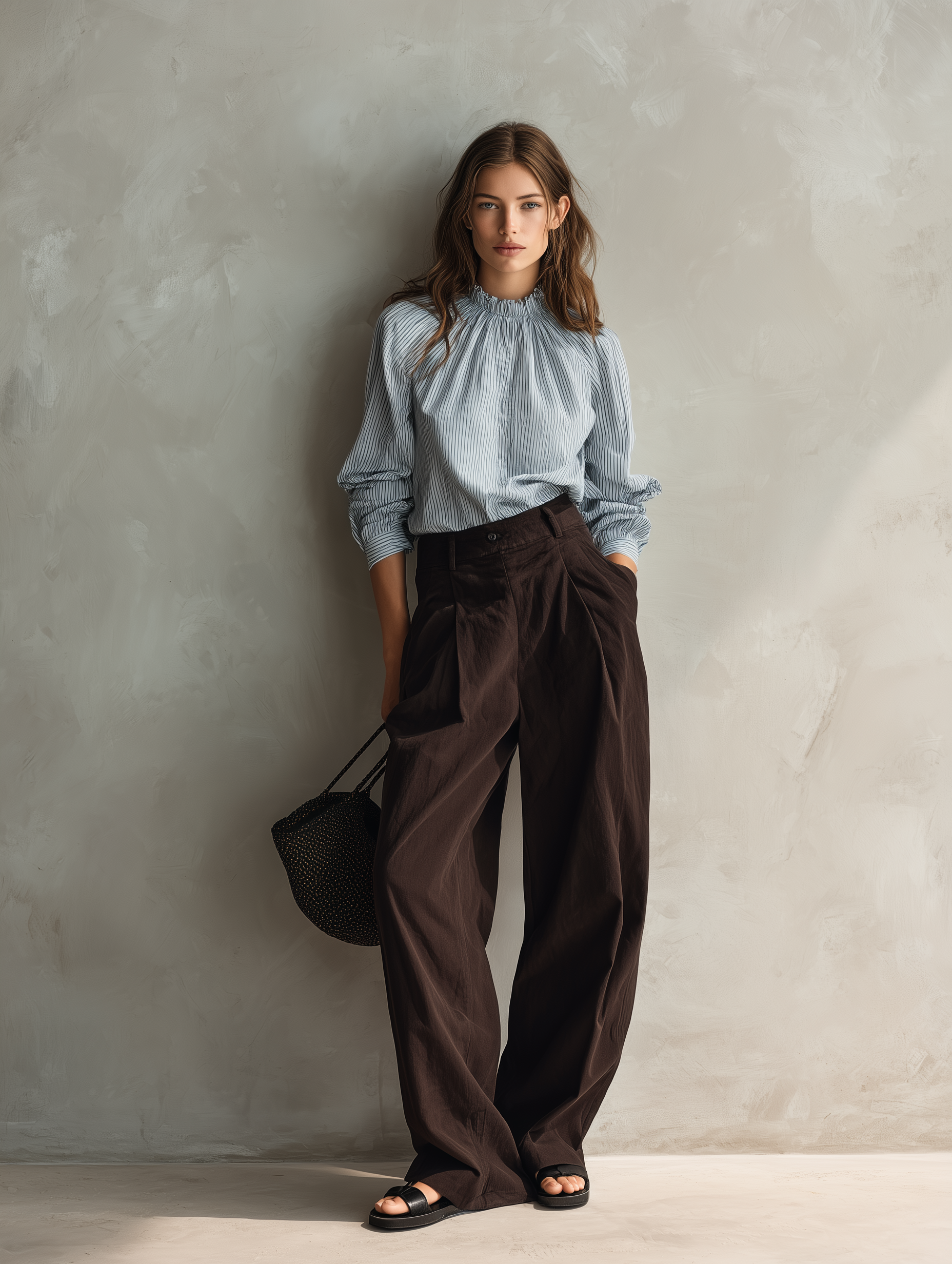 Women's Blue Woven Long-sleeve Shirt Paired With Brown Woven Trousers MDZ0488H6LXY