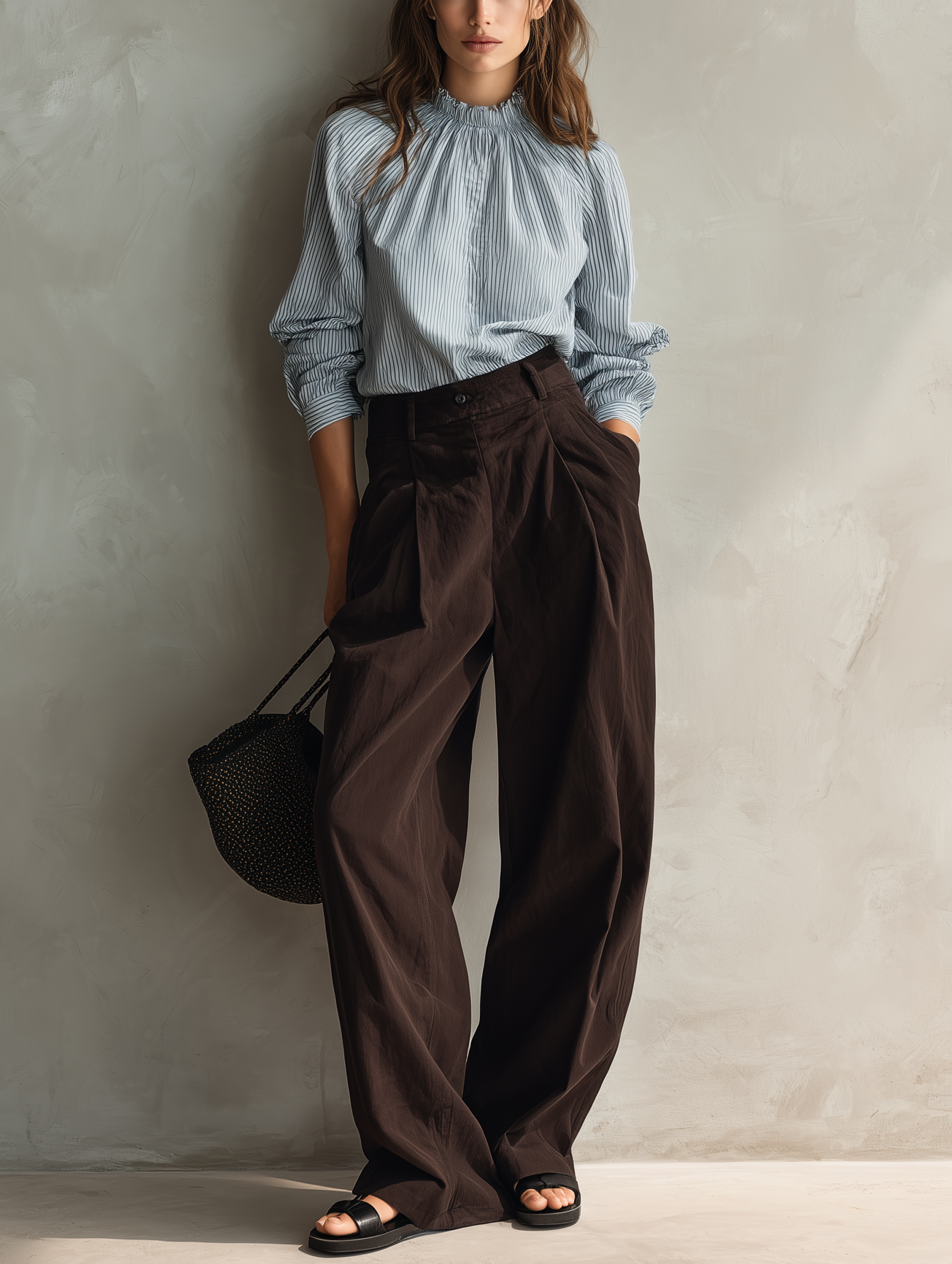 Women's Blue Woven Long-sleeve Shirt Paired With Brown Woven Trousers MDZ0488H6LXY