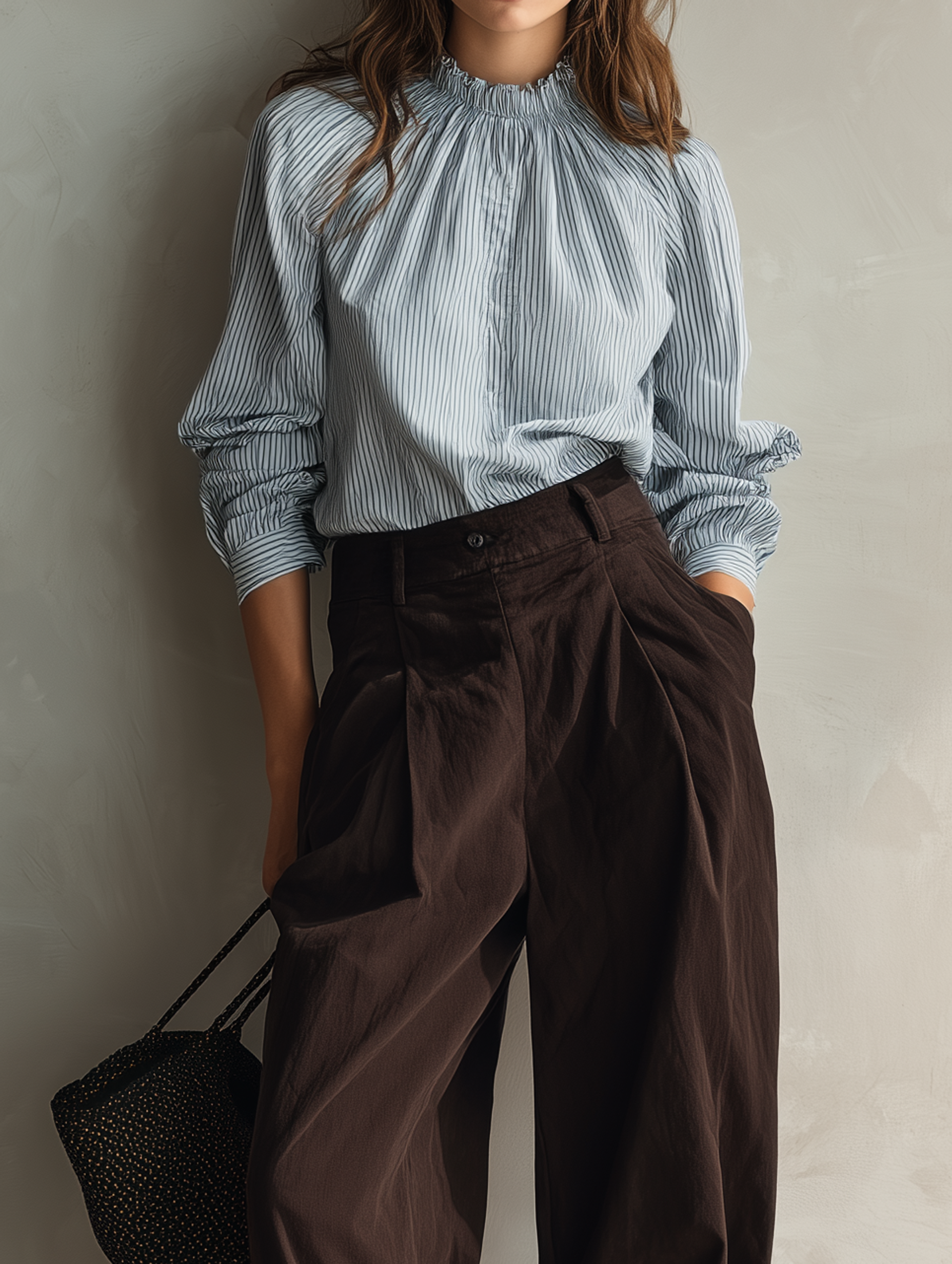 Women's Blue Woven Long-sleeve Shirt Paired With Brown Woven Trousers MDZ0488H6LXY