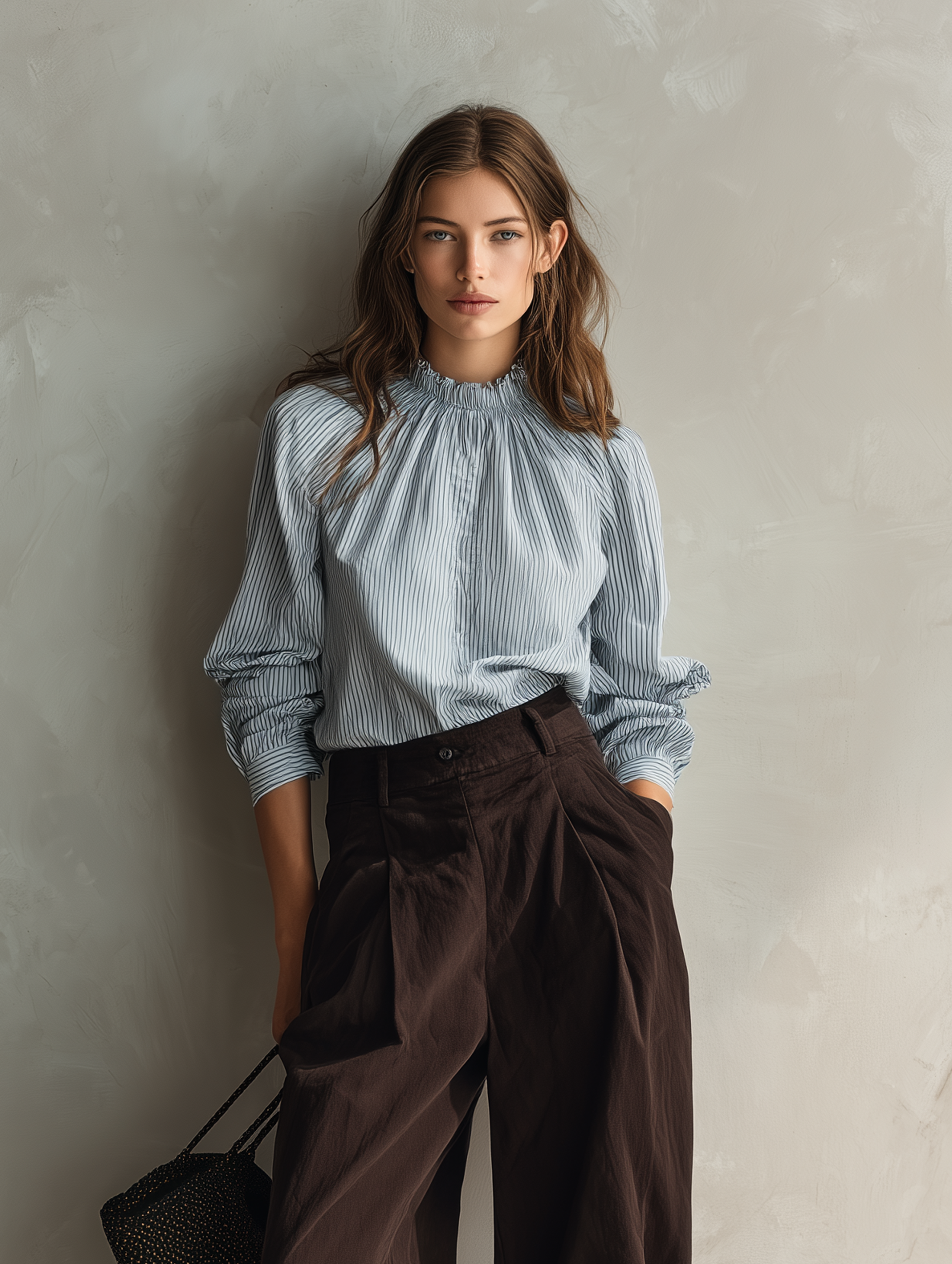 Women's Blue Woven Long-sleeve Shirt Paired With Brown Woven Trousers MDZ0488H6LXY