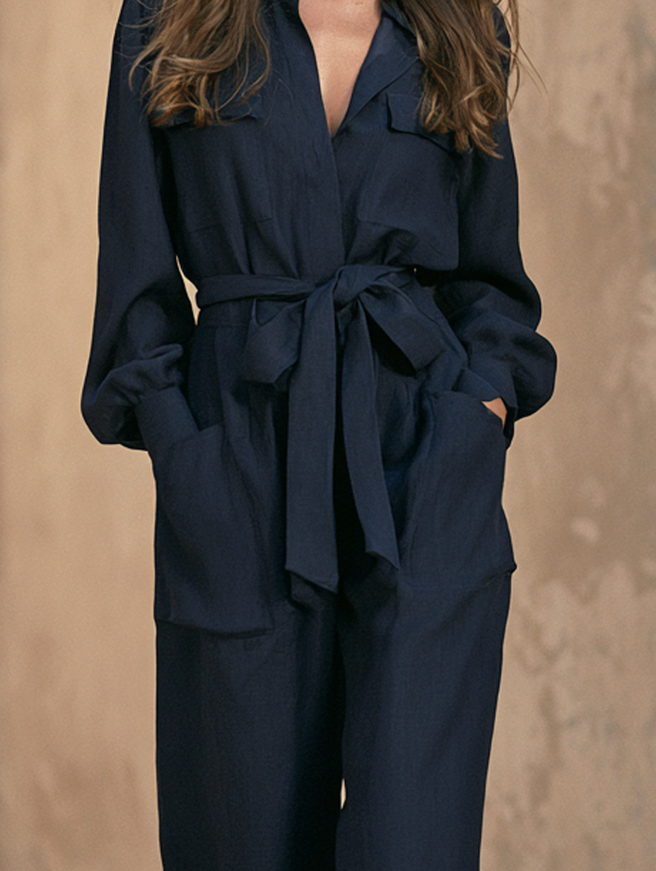 Women's Casual Dark Blue Woven Long-sleeve Jumpsuit MDZ0407H0LXY