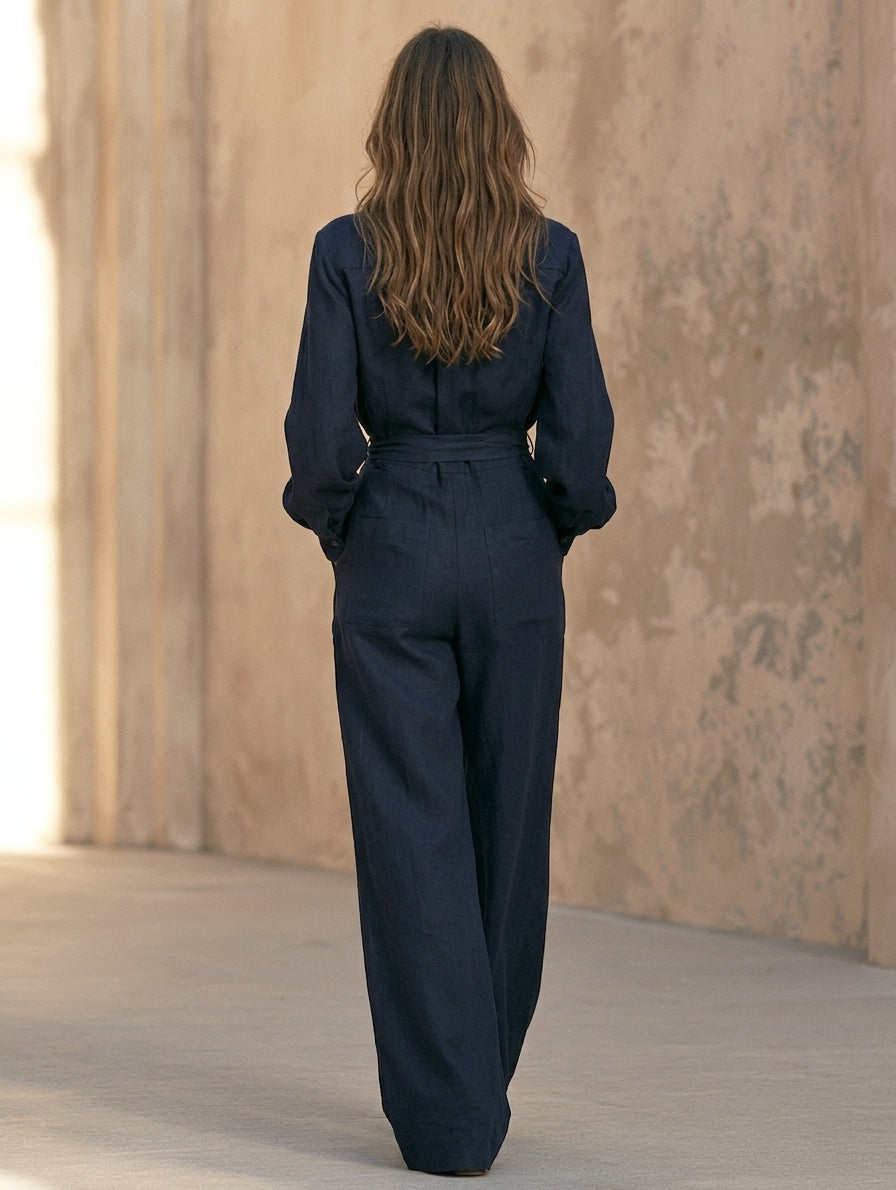 Women's Casual Dark Blue Woven Long-sleeve Jumpsuit MDZ0407H0LXY