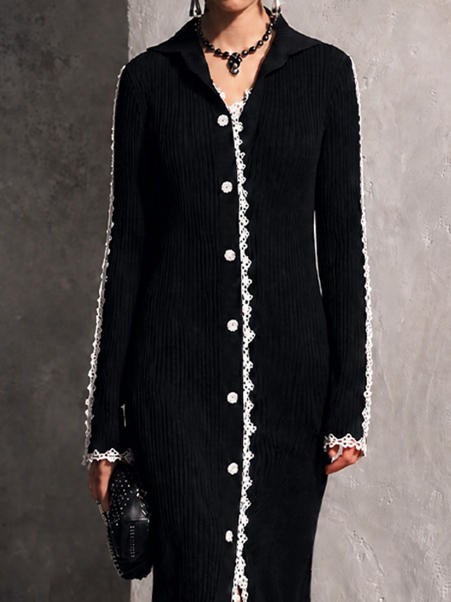Women's Elegant Black Knit Lace Trim Button-Front Long Dress MDZ0463H7GMJ