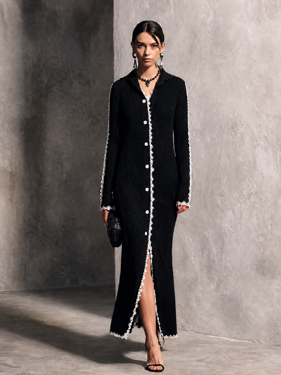 Women's Elegant Black Knit Lace Trim Button-Front Long Dress MDZ0463H7GMJ