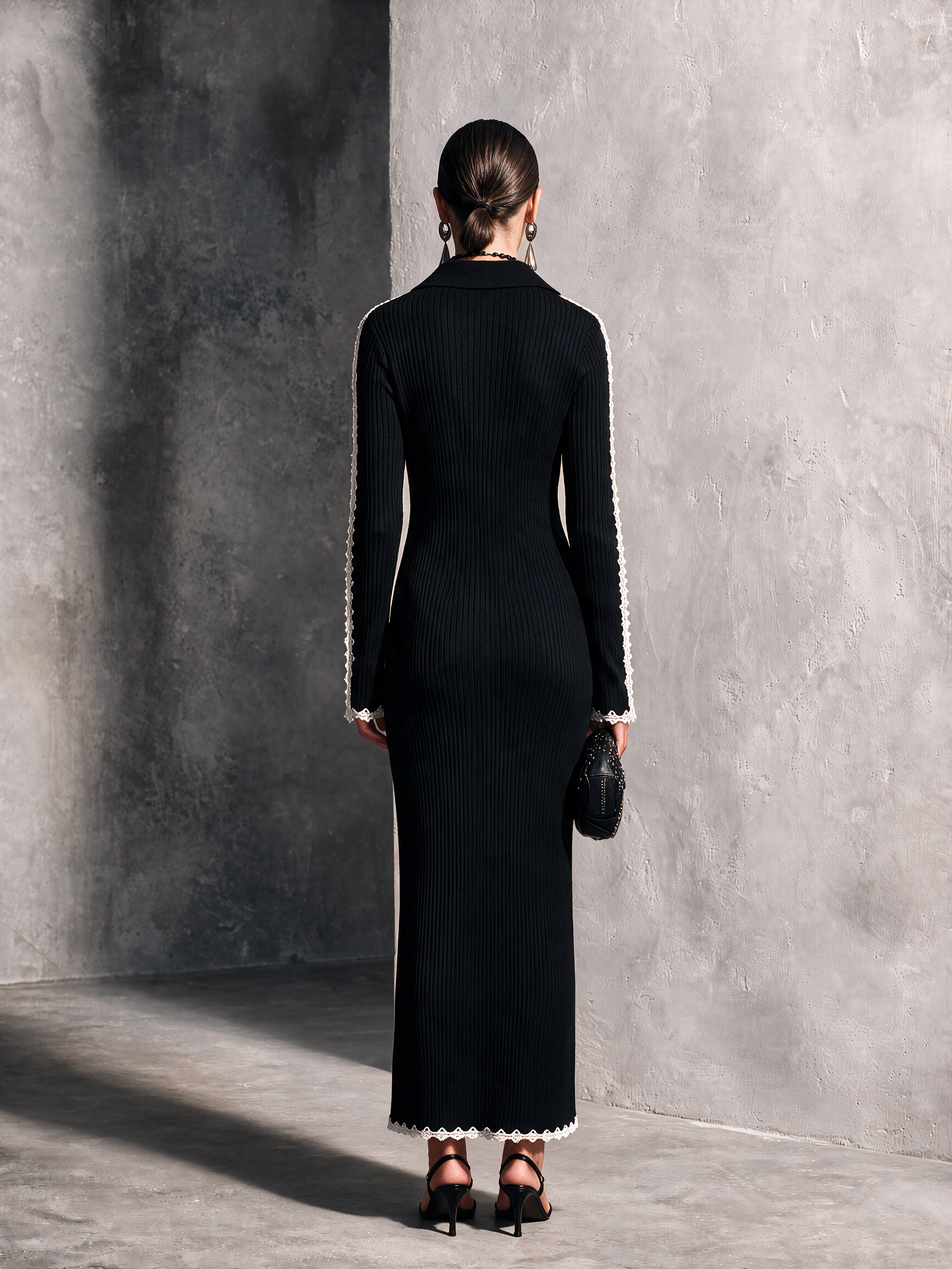 Women's Elegant Black Knit Lace Trim Button-Front Long Dress MDZ0463H7GMJ