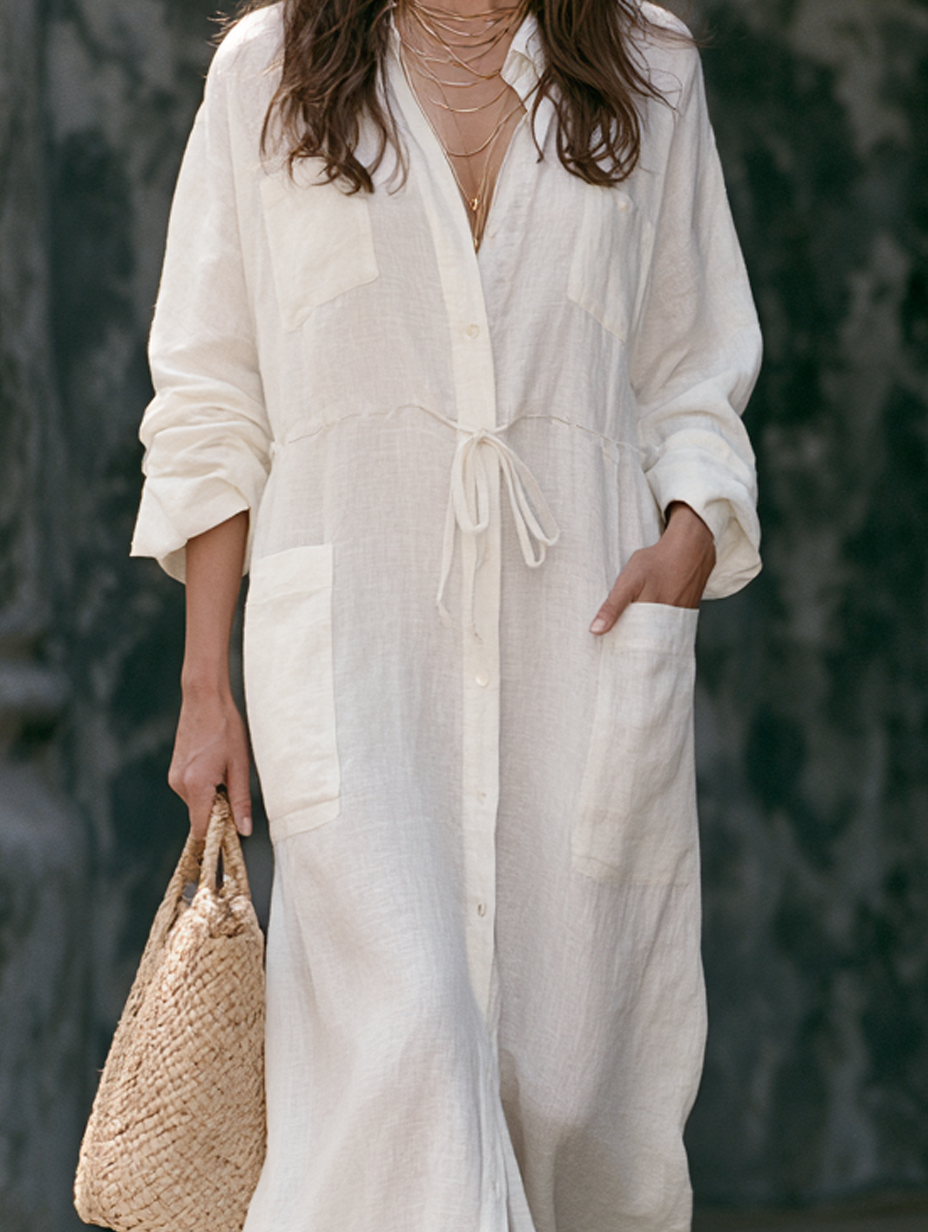 Women's Casual White Cotton-linen Long-sleeved Maxi Dress MDZ0421H6LXY