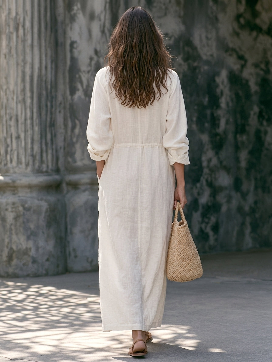 Women's Casual White Cotton-linen Long-sleeved Maxi Dress MDZ0421H6LXY