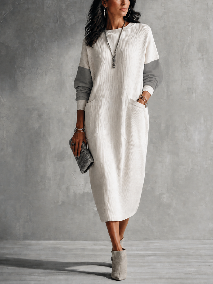 Women's Casual Ivory Gray Knit Cotton Blend Color-Block Pocket Midi Dress MDZ0437H1GMJ