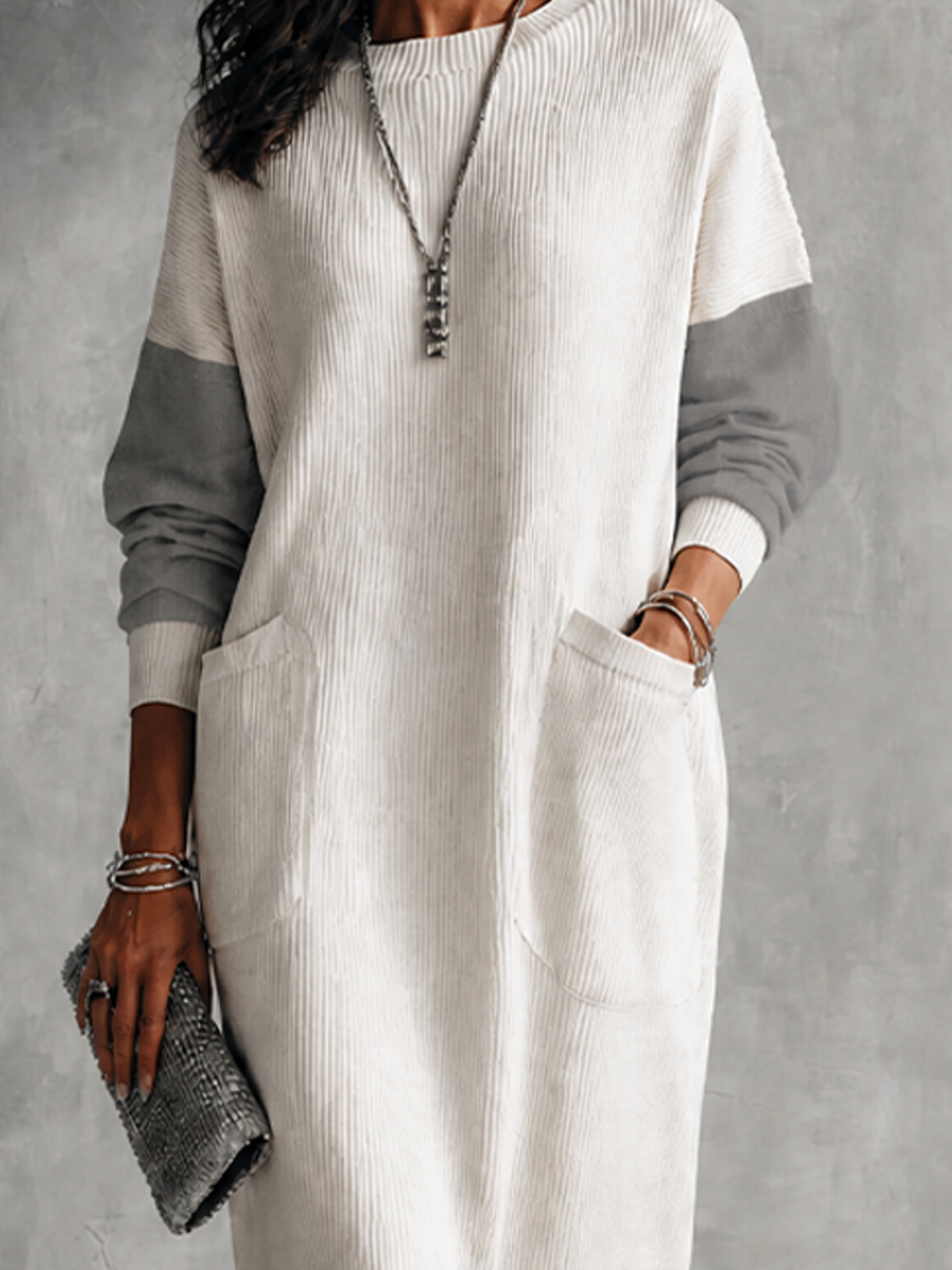 Women's Casual Ivory Gray Knit Cotton Blend Color-Block Pocket Midi Dress MDZ0437H1GMJ