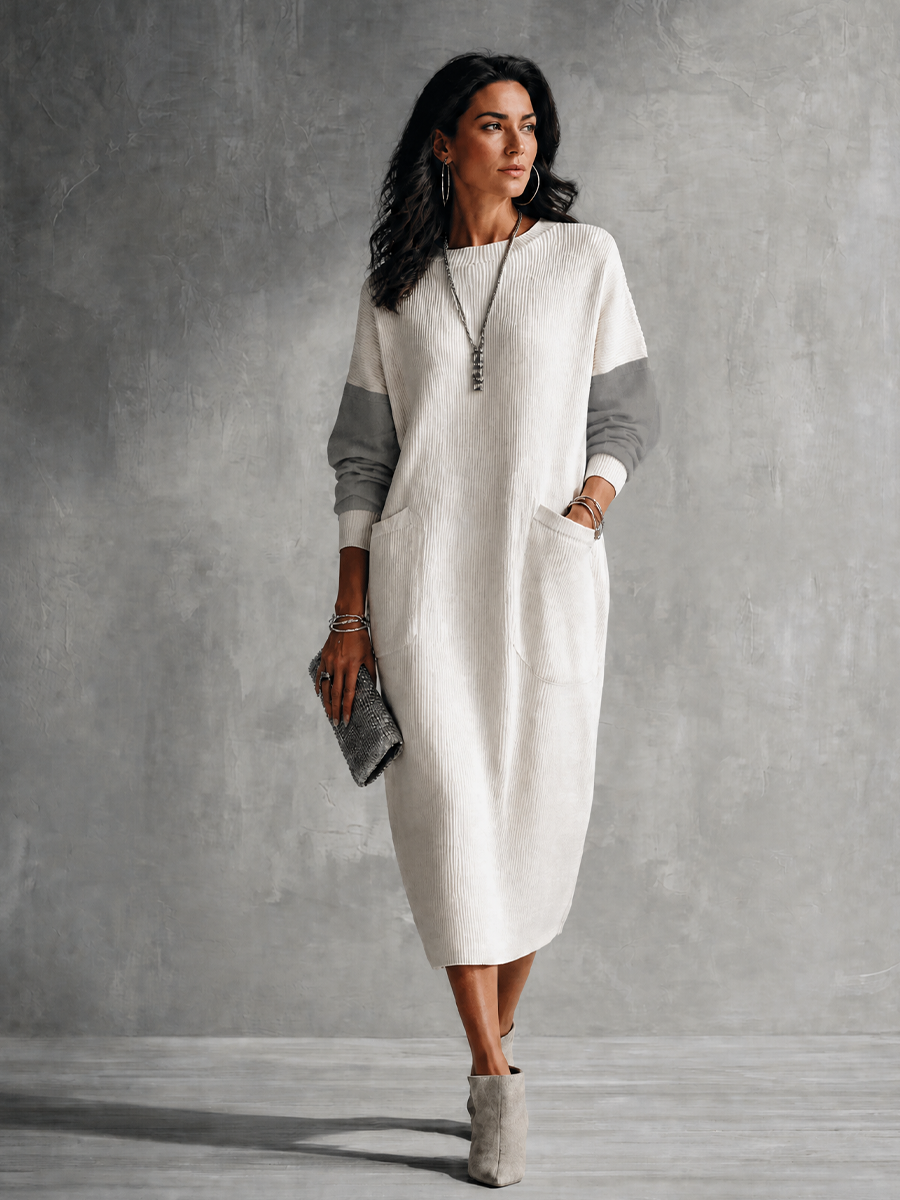 Women's Casual Ivory Gray Knit Cotton Blend Color-Block Pocket Midi Dress MDZ0437H1GMJ