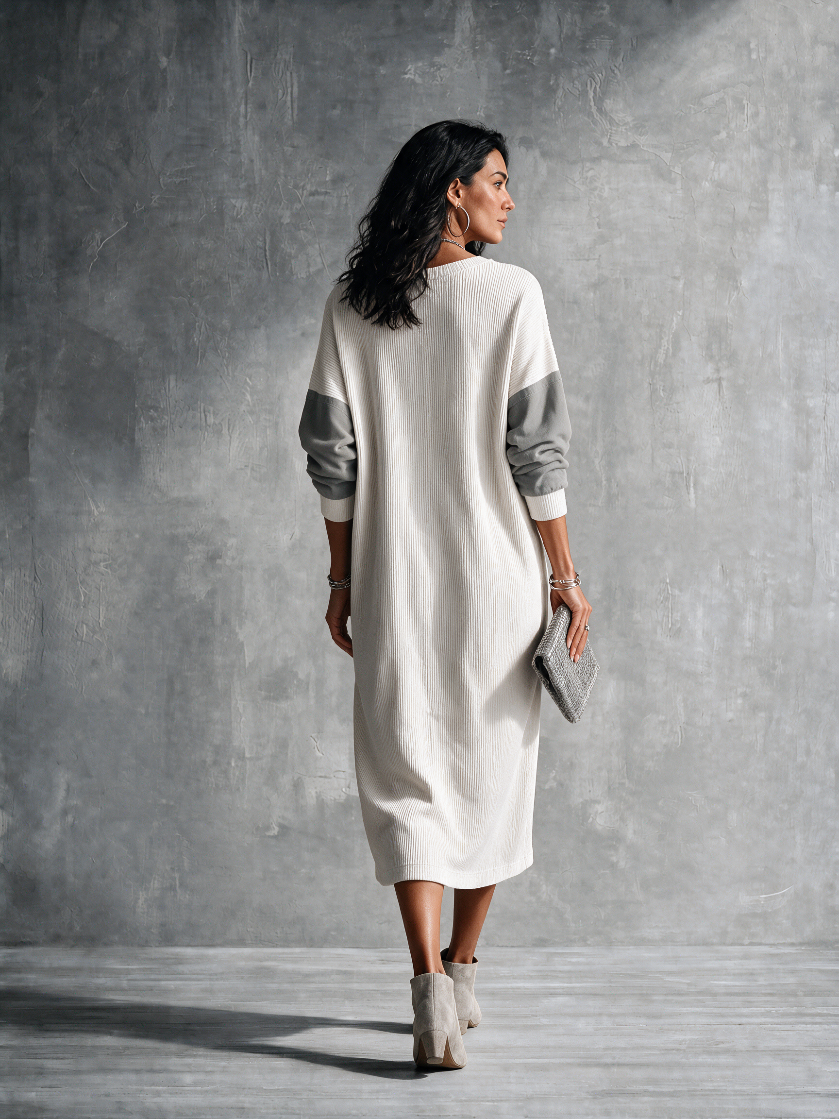 Women's Casual Ivory Gray Knit Cotton Blend Color-Block Pocket Midi Dress MDZ0437H1GMJ