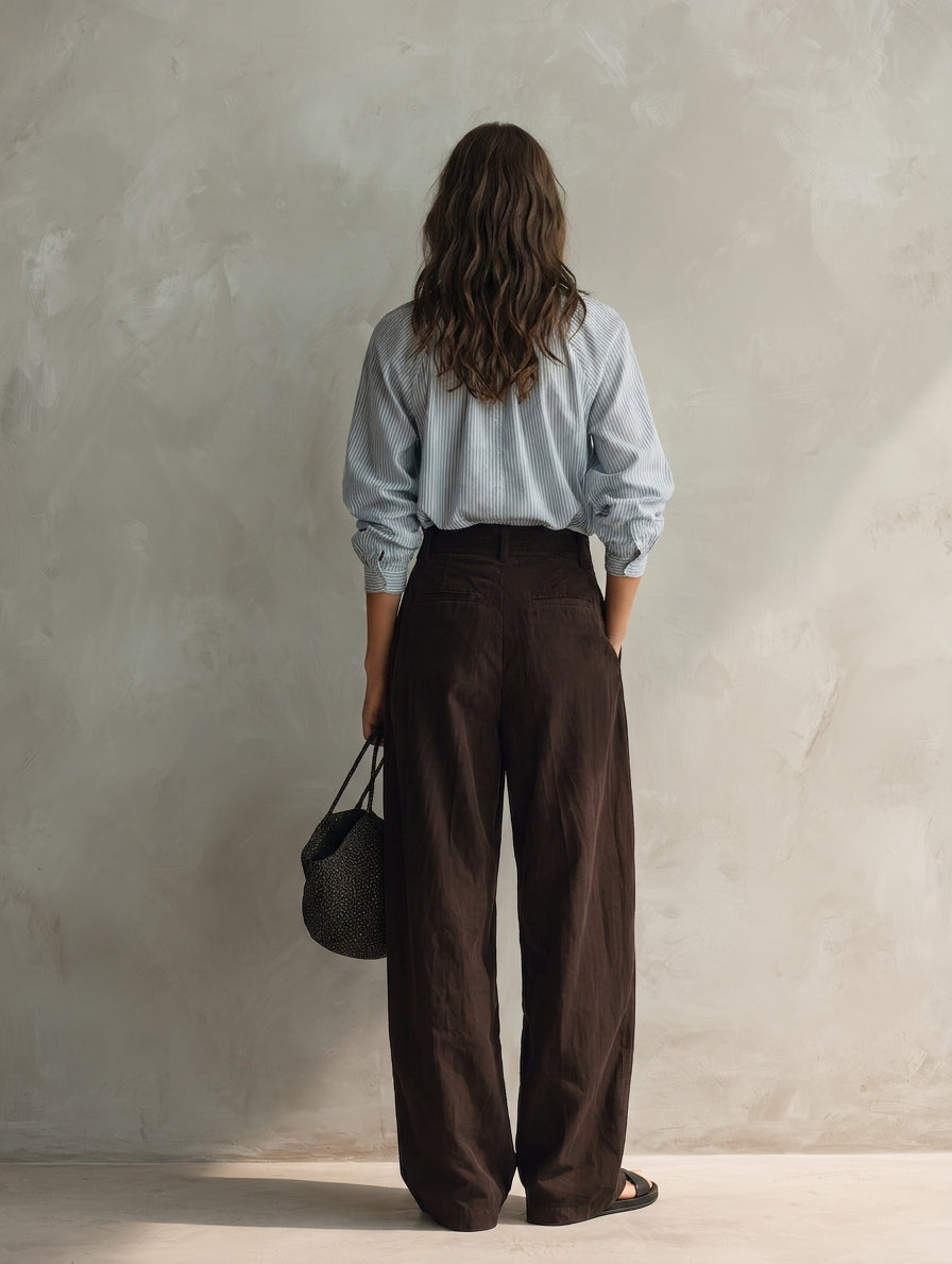 Women's Blue Woven Long-sleeve Shirt Paired With Brown Woven Trousers MDZ0488H6LXY