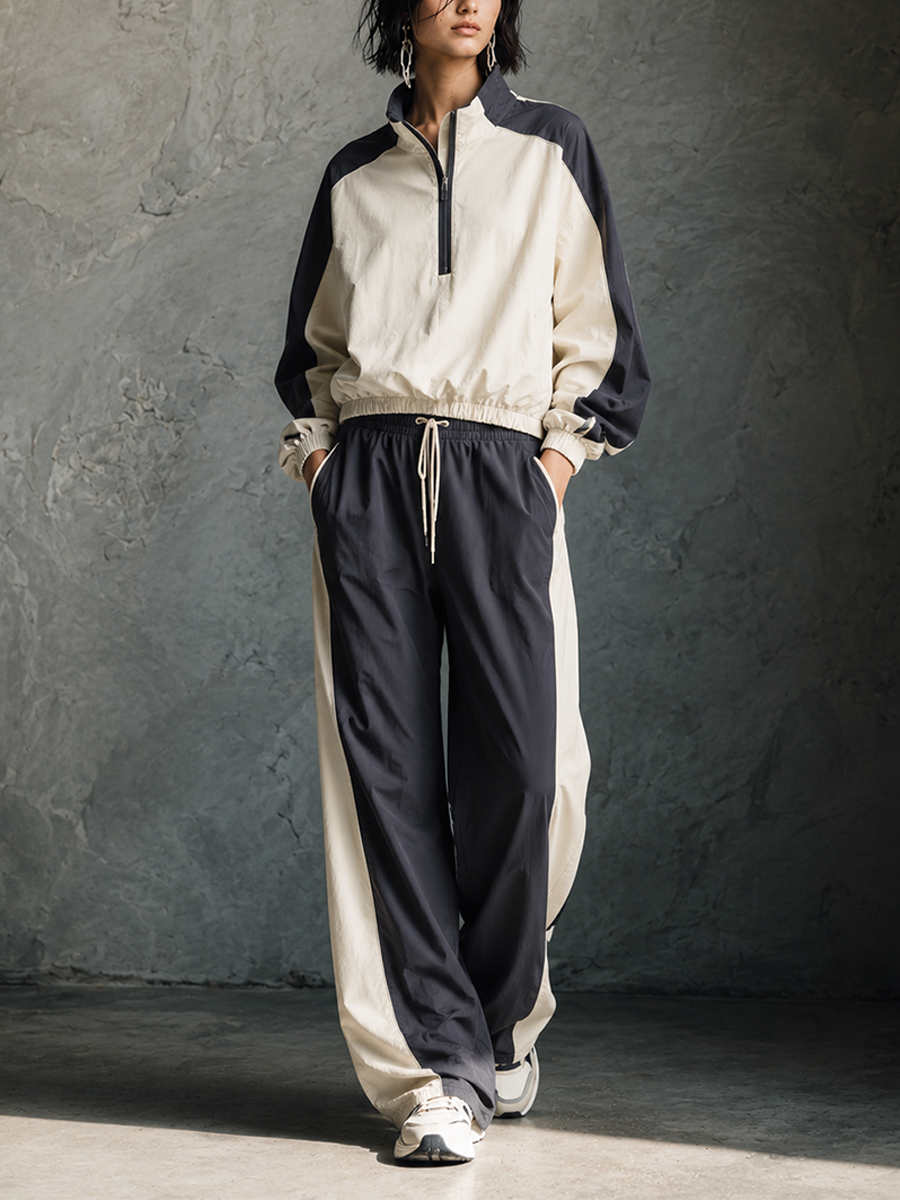 Women's Sporty Ivory Black Color-Block Half-Zip Wide-Leg Pants Set MDZ0472H2GMJ
