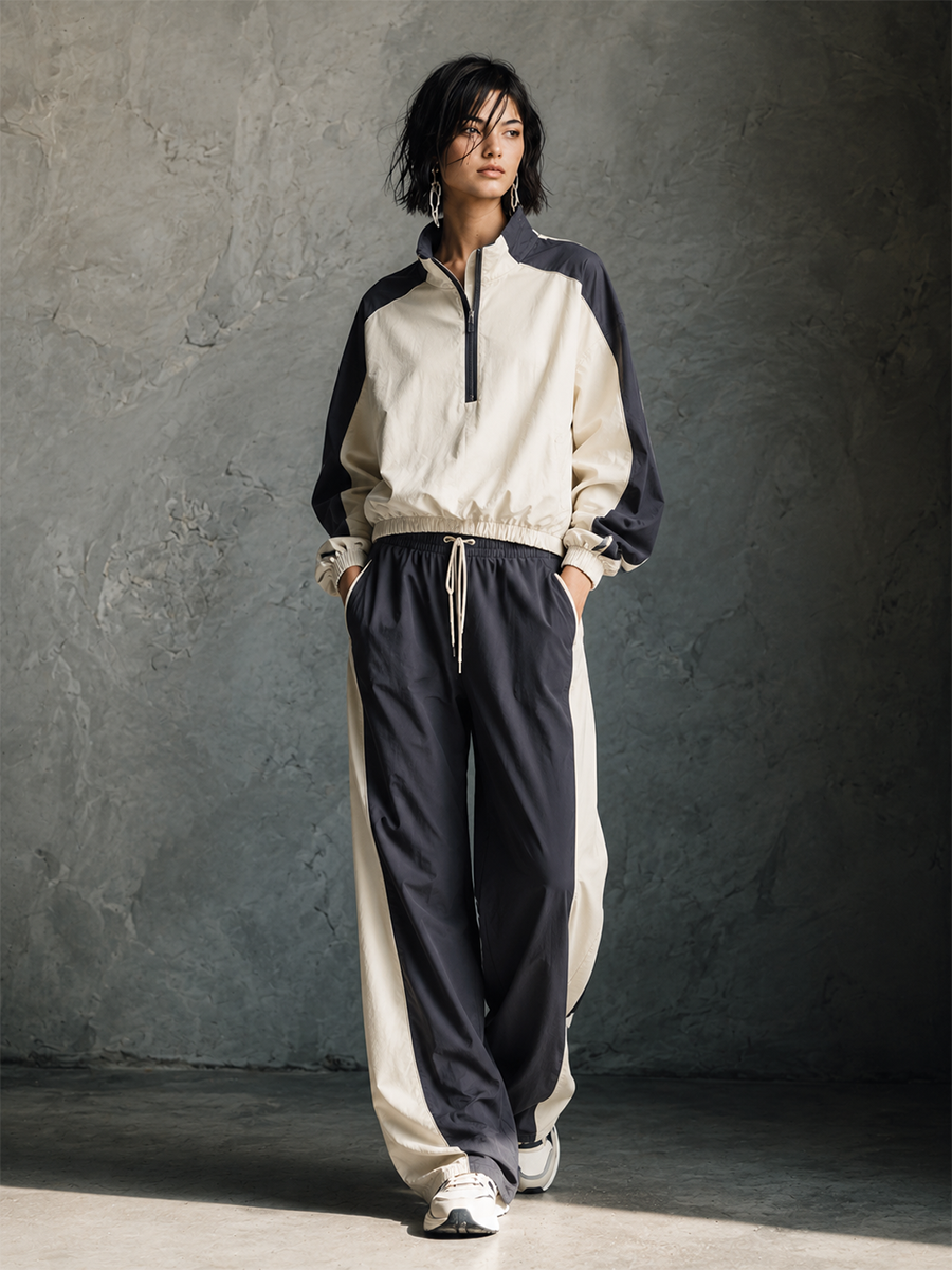 Women's Sporty Ivory Black Color-Block Half-Zip Wide-Leg Pants Set MDZ0472H2GMJ