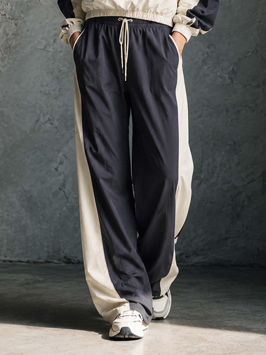Women's Sporty Ivory Black Color-Block Half-Zip Wide-Leg Pants Set MDZ0472H2GMJ