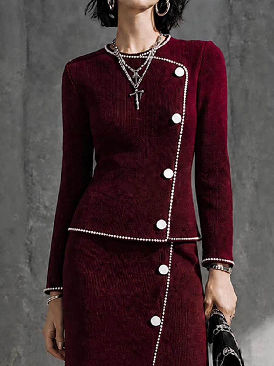 Women's Retro Burgundy Corduroy Contrast Trim Midi Skirt Set MDZ0455H7GMJ