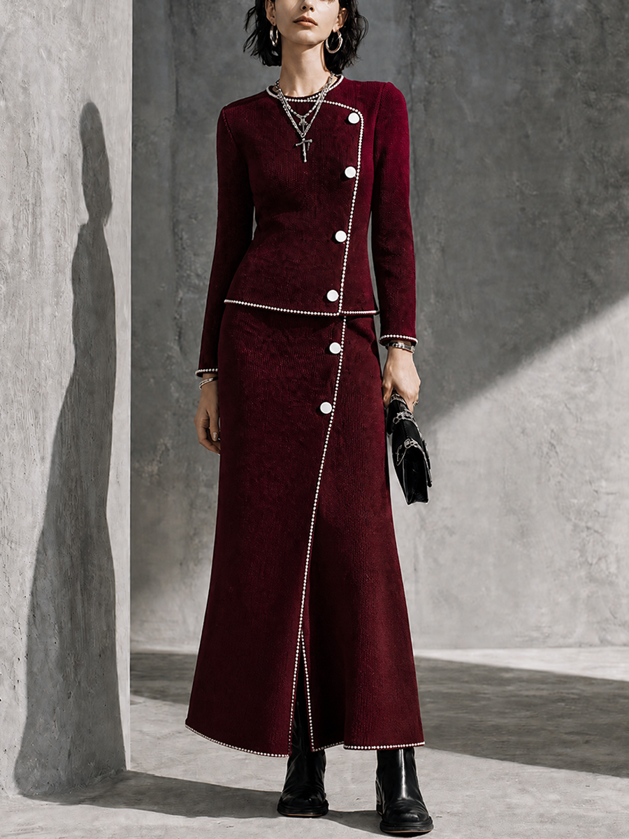 Women's Retro Burgundy Corduroy Contrast Trim Midi Skirt Set MDZ0455H7GMJ