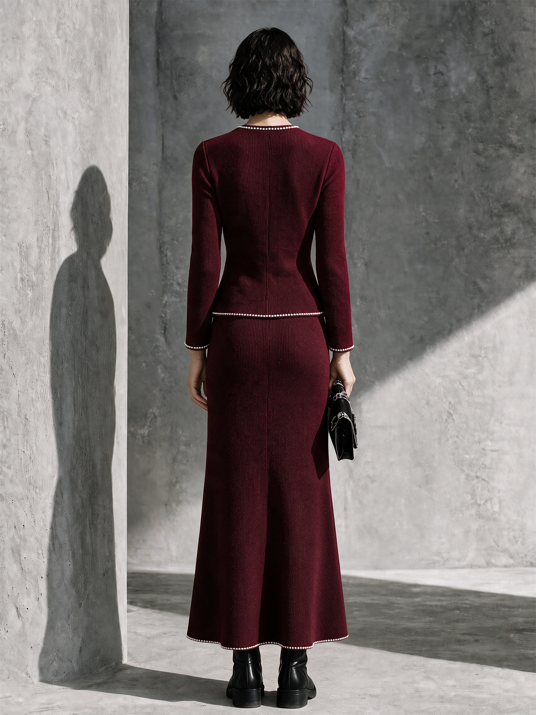 Women's Retro Burgundy Corduroy Contrast Trim Midi Skirt Set MDZ0455H7GMJ