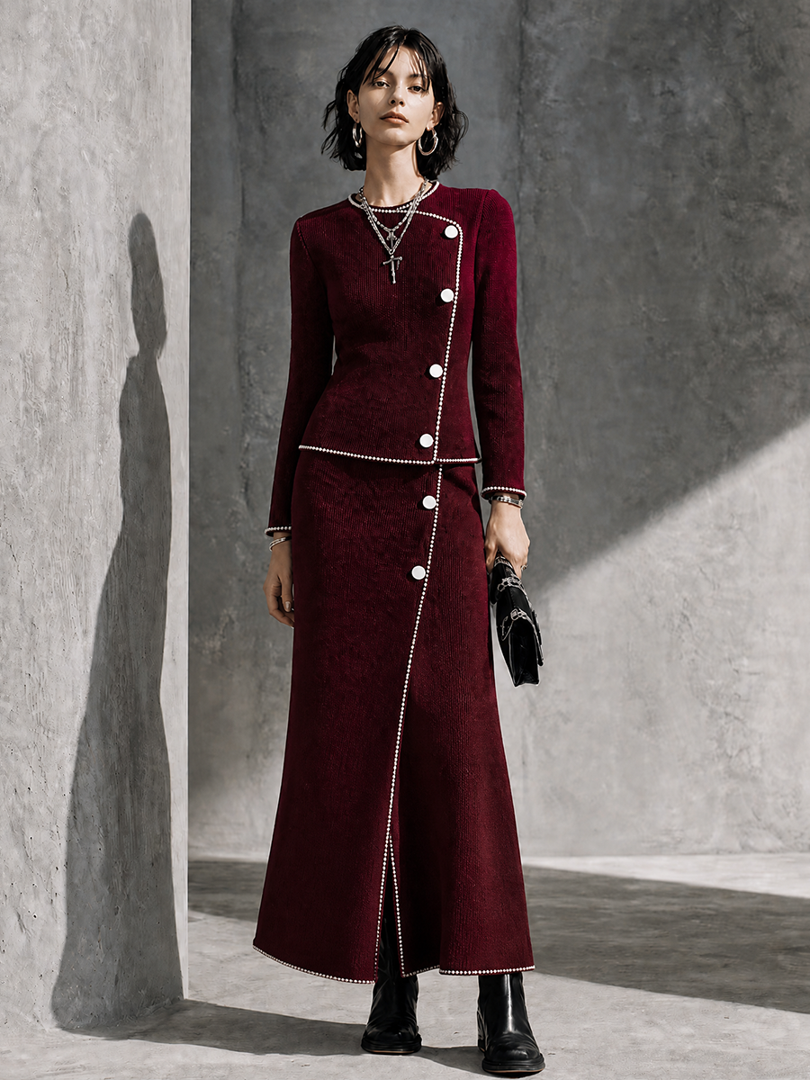 Women's Retro Burgundy Corduroy Contrast Trim Midi Skirt Set MDZ0455H7GMJ