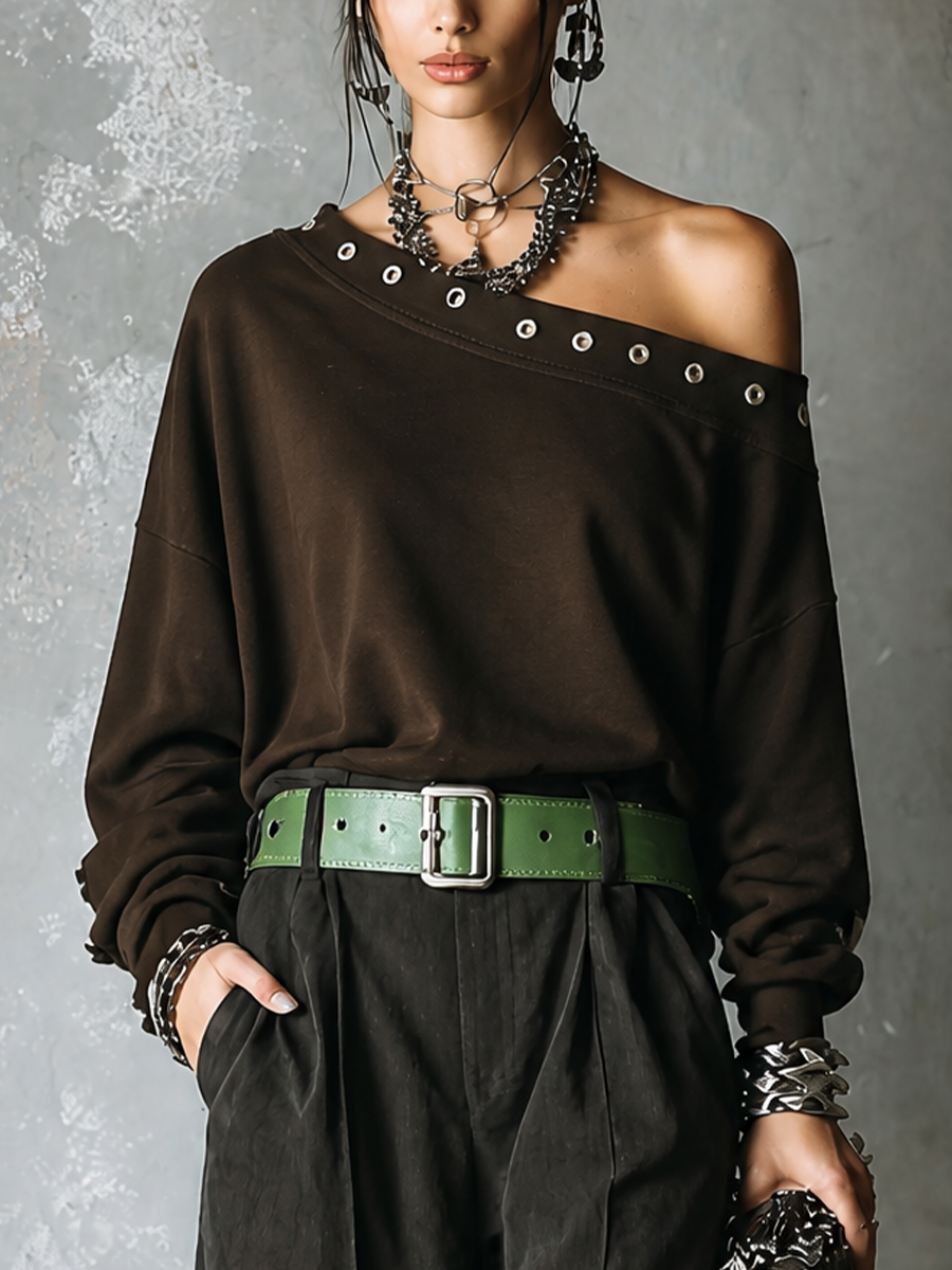Women's Casual Dark Brown Sweatshirt Elastic Waist Pants Set(Belt Not Included) MDZ0442H5GMJ