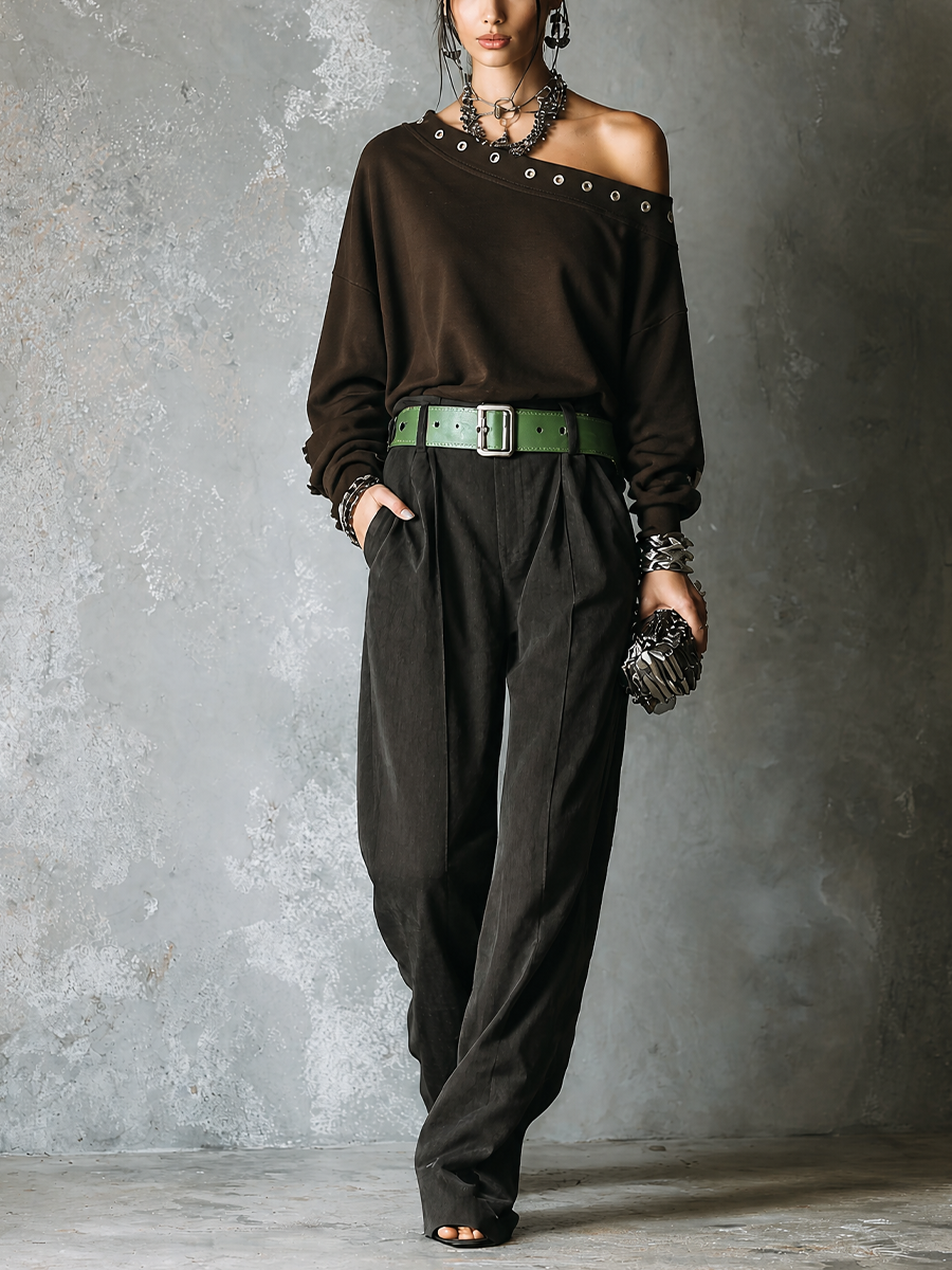 Women's Casual Dark Brown Sweatshirt Elastic Waist Pants Set(Belt Not Included) MDZ0442H5GMJ