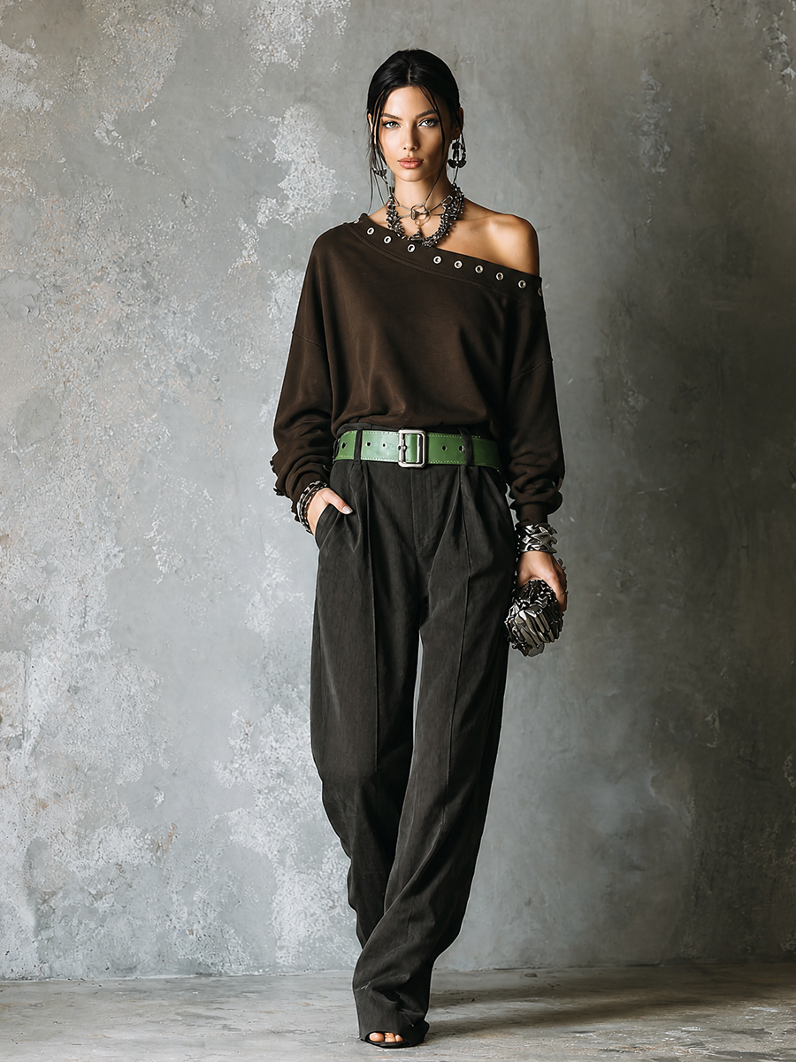 Women's Casual Dark Brown Sweatshirt Elastic Waist Pants Set(Belt Not Included) MDZ0442H5GMJ