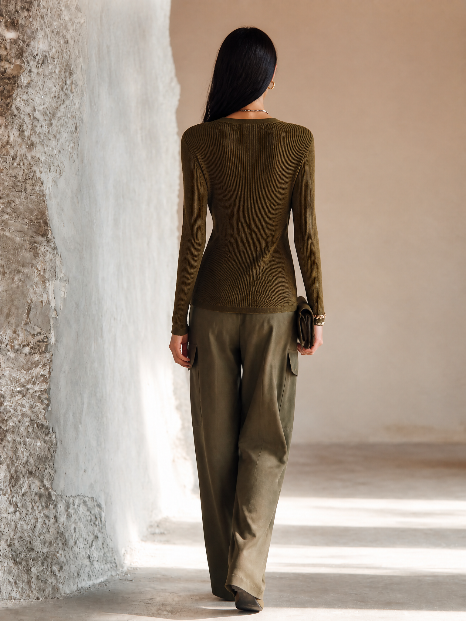 Women's Elegant Olive Knit Cotton Blend Wrap Wide-Leg Pants Set MDZ0430H5GMJ