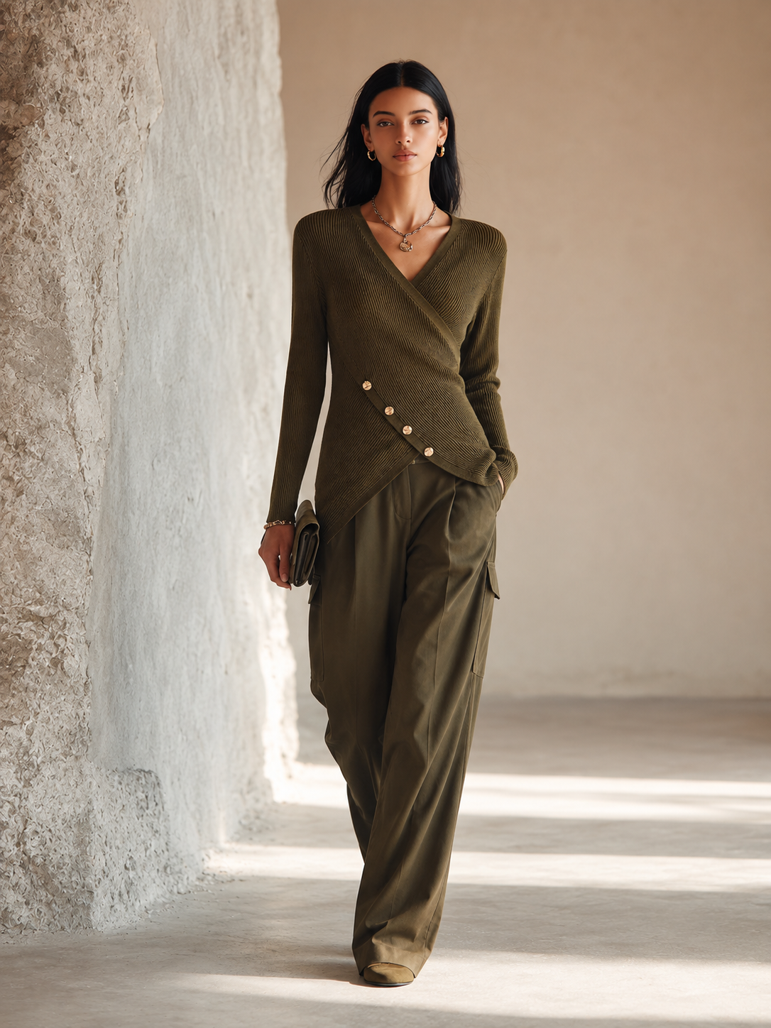 Women's Elegant Olive Knit Cotton Blend Wrap Wide-Leg Pants Set MDZ0430H5GMJ