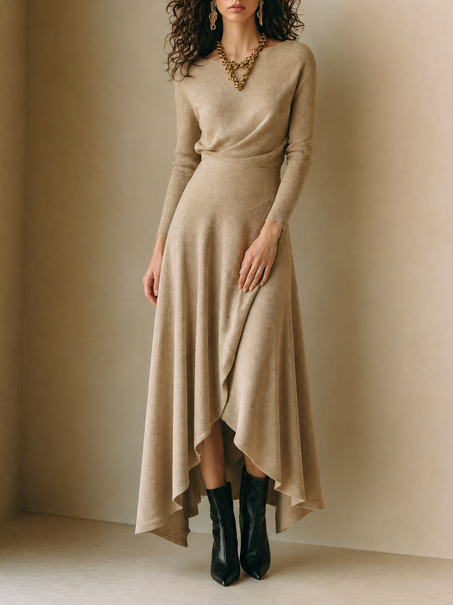 Women's Elegant Wool-Knit Round-Neck Long-Sleeve Wrap Asymmetric Maxi Dress MDZ0554H2CMX