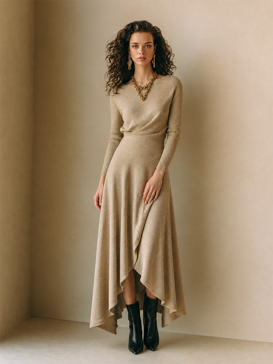 Women's Elegant Wool-Knit Round-Neck Long-Sleeve Wrap Asymmetric Maxi Dress MDZ0554H2CMX