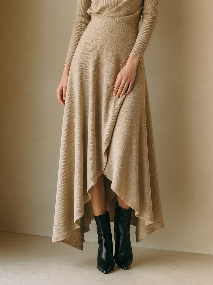 Women's Elegant Wool-Knit Round-Neck Long-Sleeve Wrap Asymmetric Maxi Dress MDZ0554H2CMX