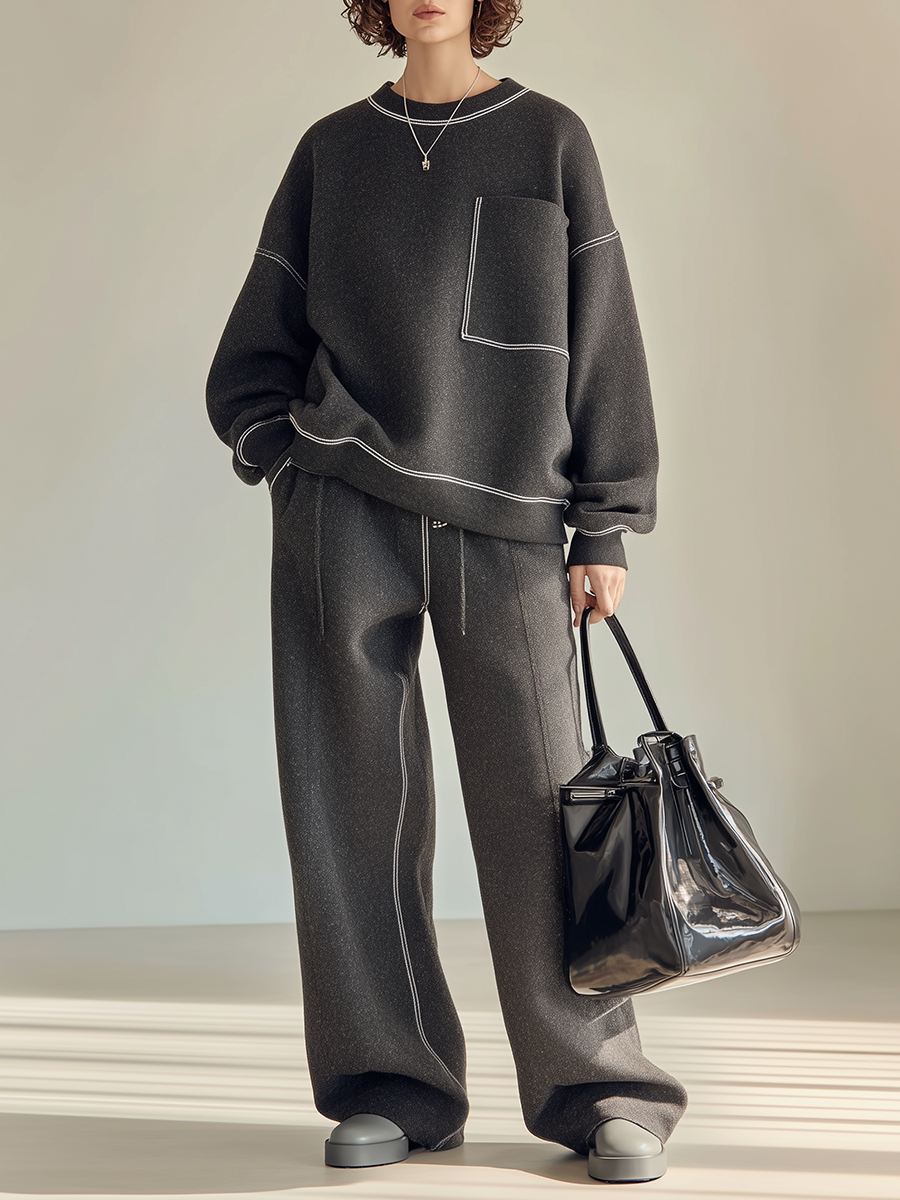 Women's Casual Topstitch Round-Neck Dropped-Shoulder Long-Sleeve Sweatshirt & Drawstring Wide-Leg Trouser Set MDZ0520H6CMX