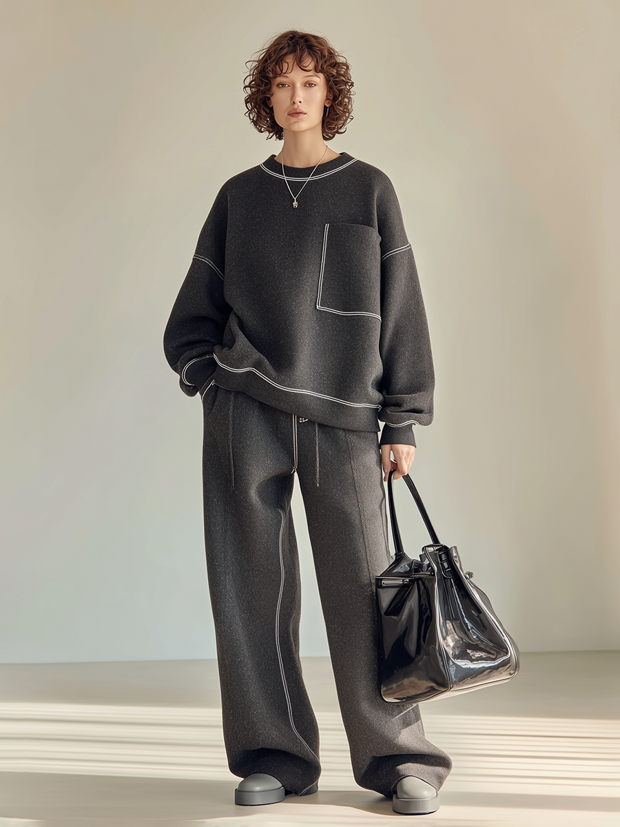 Women's Casual Topstitch Round-Neck Dropped-Shoulder Long-Sleeve Sweatshirt & Drawstring Wide-Leg Trouser Set MDZ0520H6CMX
