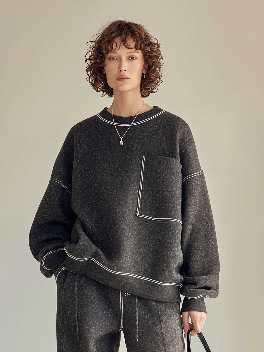 Women's Casual Topstitch Round-Neck Dropped-Shoulder Long-Sleeve Sweatshirt & Drawstring Wide-Leg Trouser Set MDZ0520H6CMX