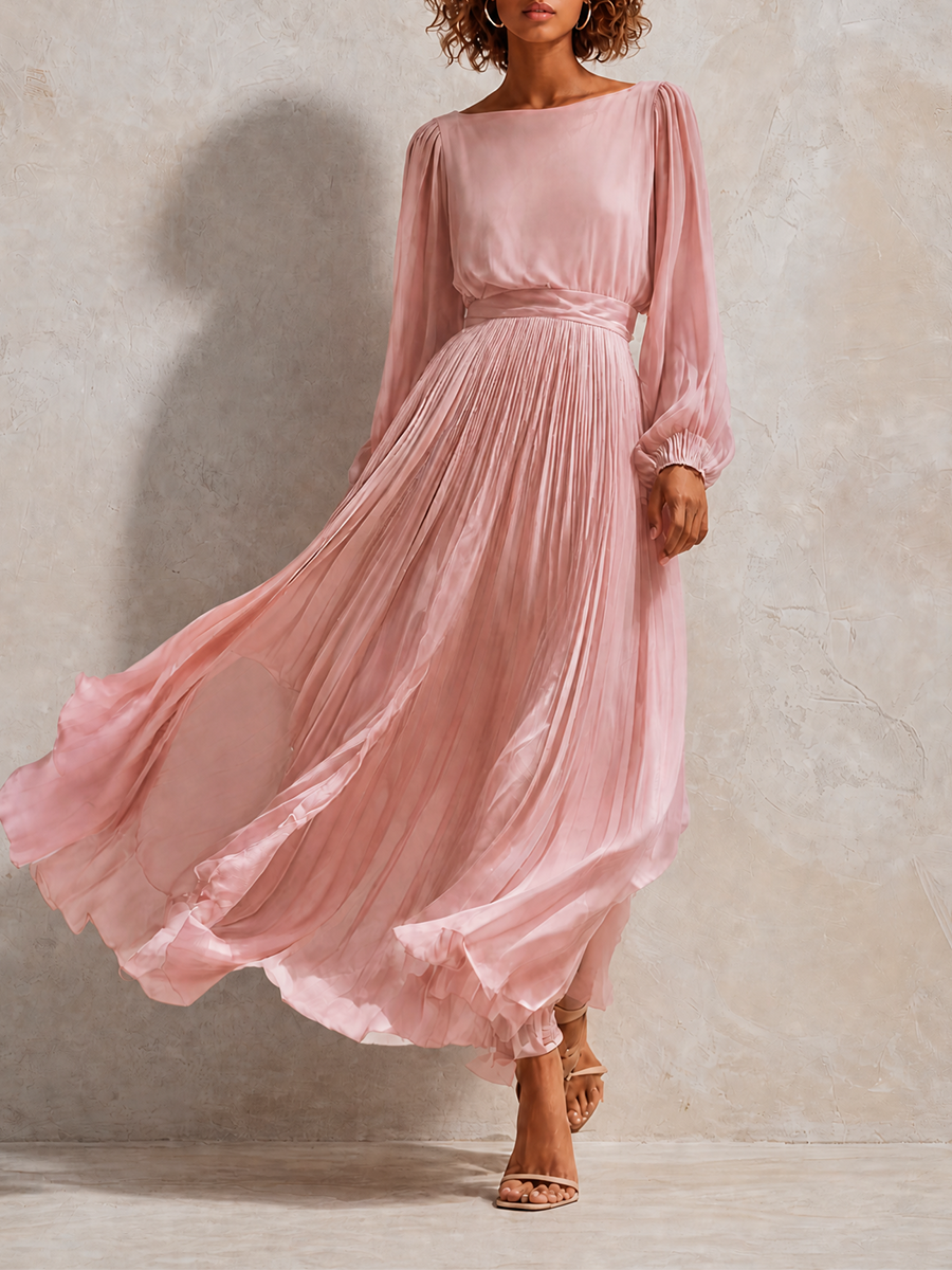 Women's Elegant Round-Neck Blouson-Sleeve Pleated Belted Long-Sleeve Midi Dress MDZ0550H6CMX