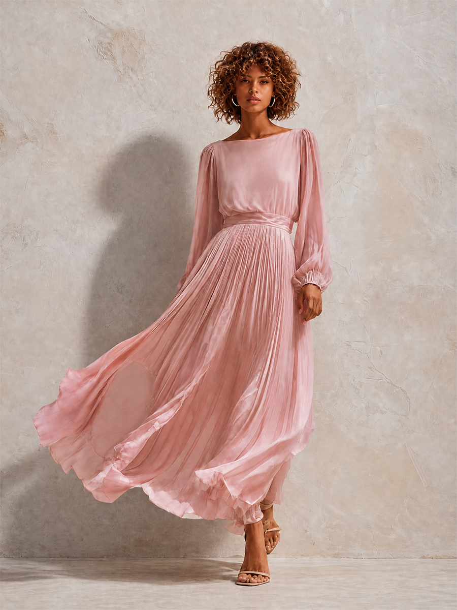 Women's Elegant Round-Neck Blouson-Sleeve Pleated Belted Long-Sleeve Midi Dress MDZ0550H6CMX