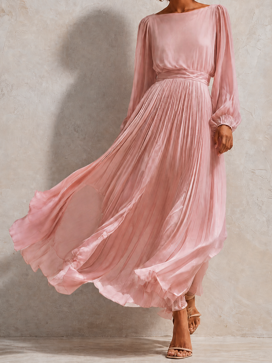 Women's Elegant Round-Neck Blouson-Sleeve Pleated Belted Long-Sleeve Midi Dress MDZ0550H6CMX