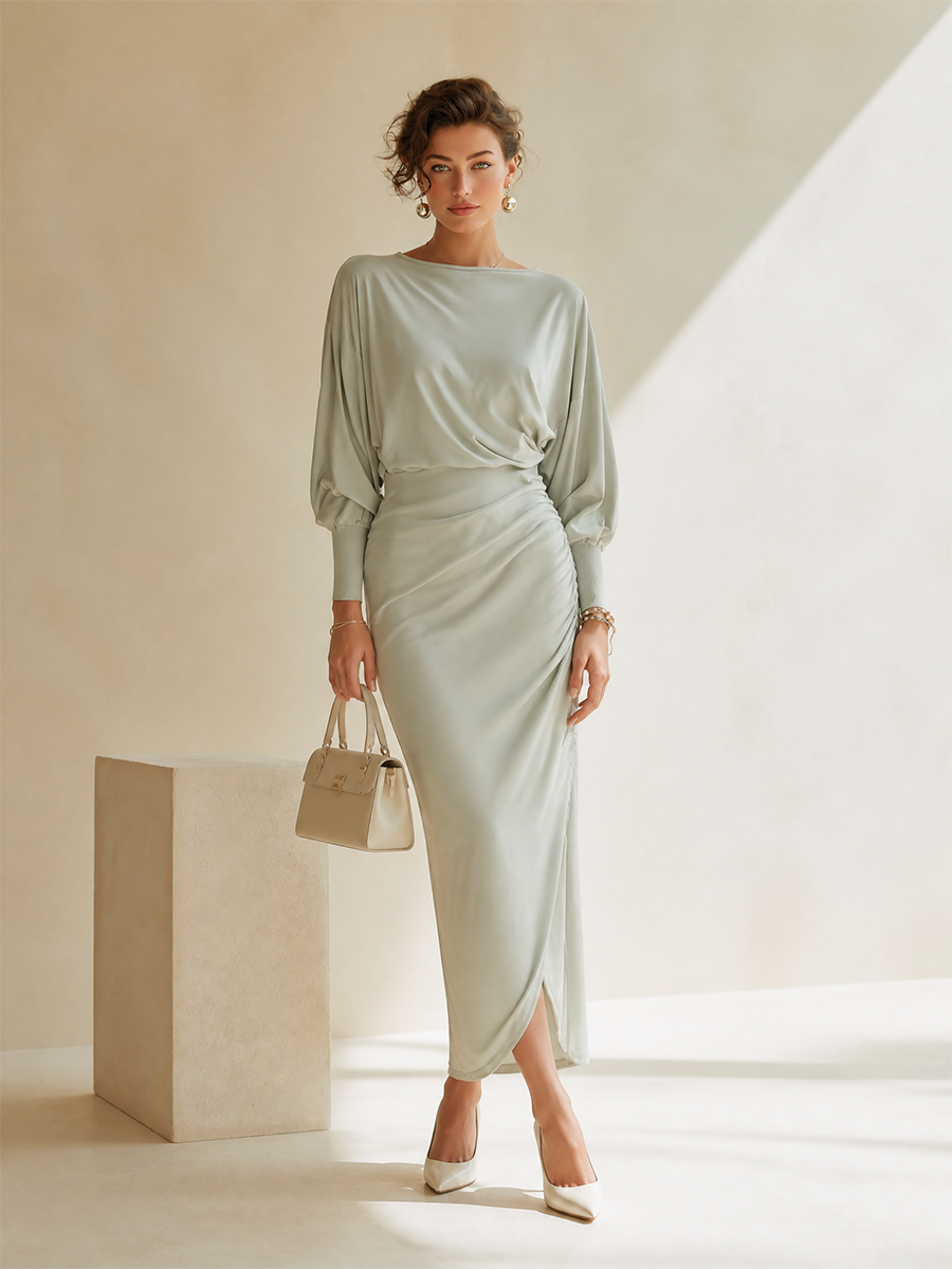 Women's Elegant Boat-Neck Batwing-Sleeve Ruched Slit Long-Sleeve Bodycon Midi Dress MDZ0562H0CMX