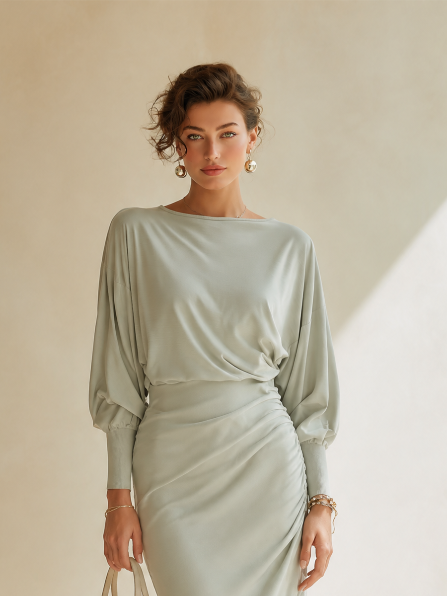 Women's Elegant Boat-Neck Batwing-Sleeve Ruched Slit Long-Sleeve Bodycon Midi Dress MDZ0562H0CMX