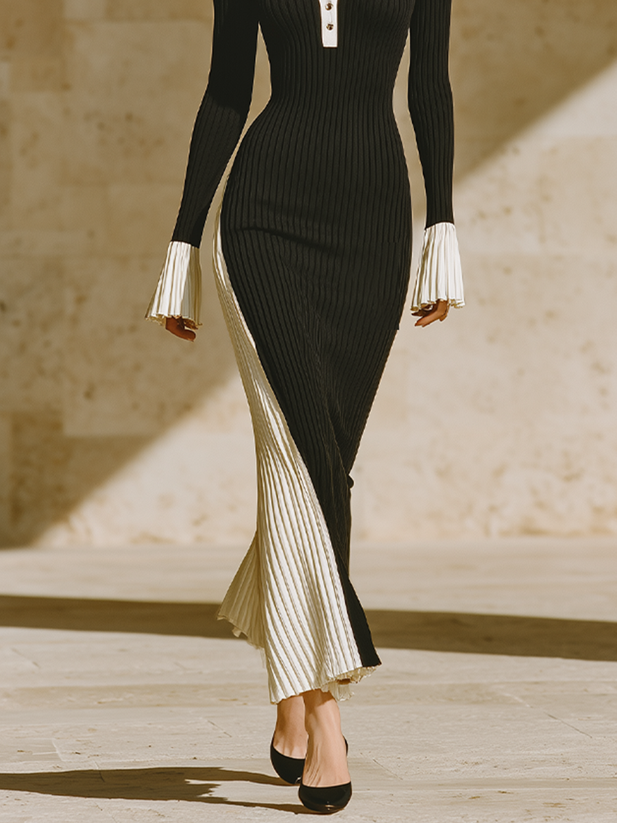 Women's Colorblock Bodycon Elegant Contrast Collar Flare Sleeve Knit Maxi Dress MDZ0536H9LYL
