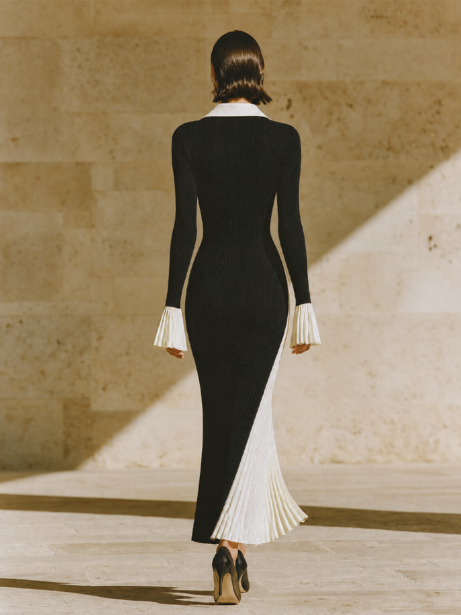 Women's Colorblock Bodycon Elegant Contrast Collar Flare Sleeve Knit Maxi Dress MDZ0536H9LYL
