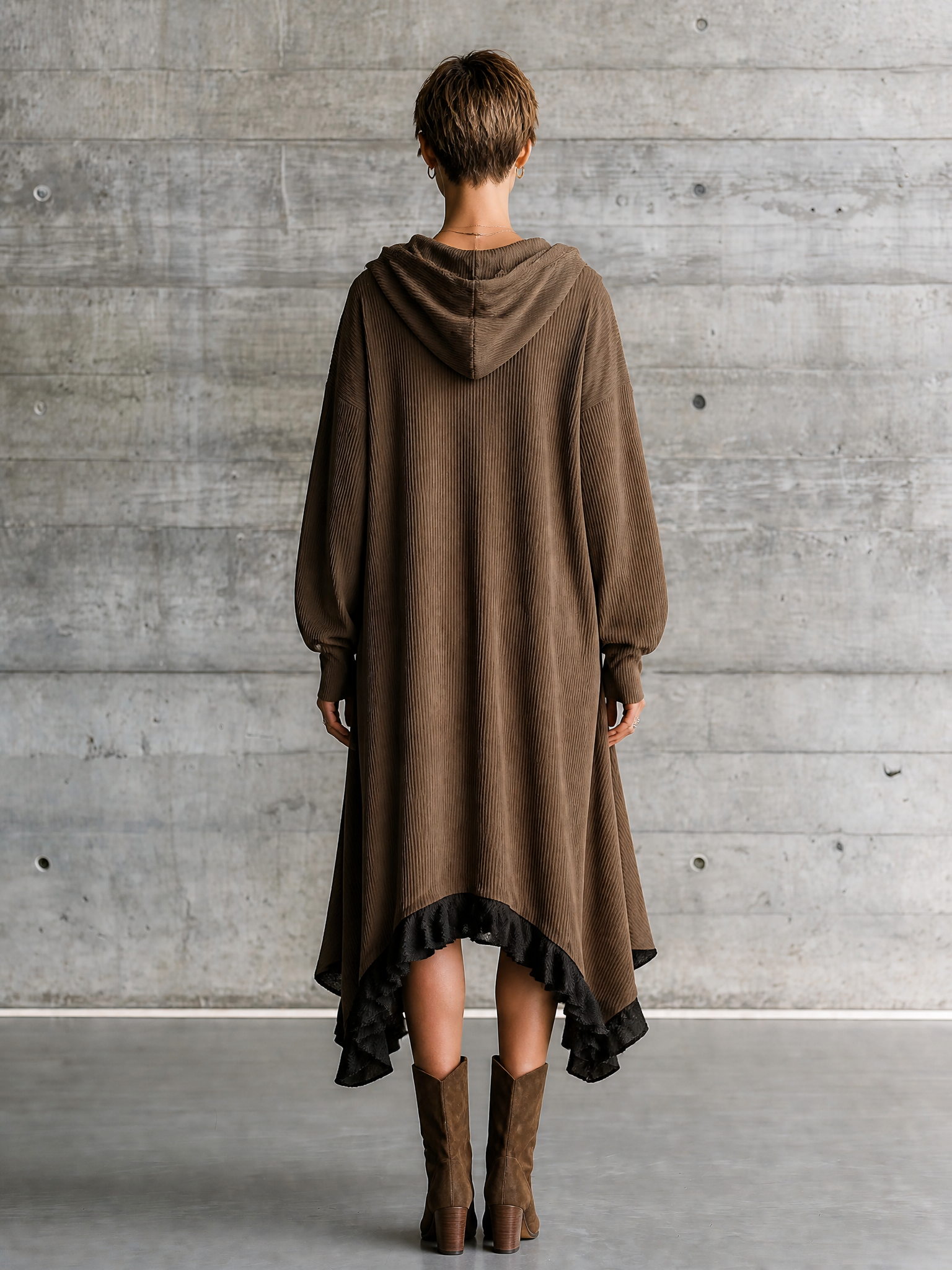 Women's Long Sleeve Hooded Corduroy Brown Dress MDZ0516H7YZJ